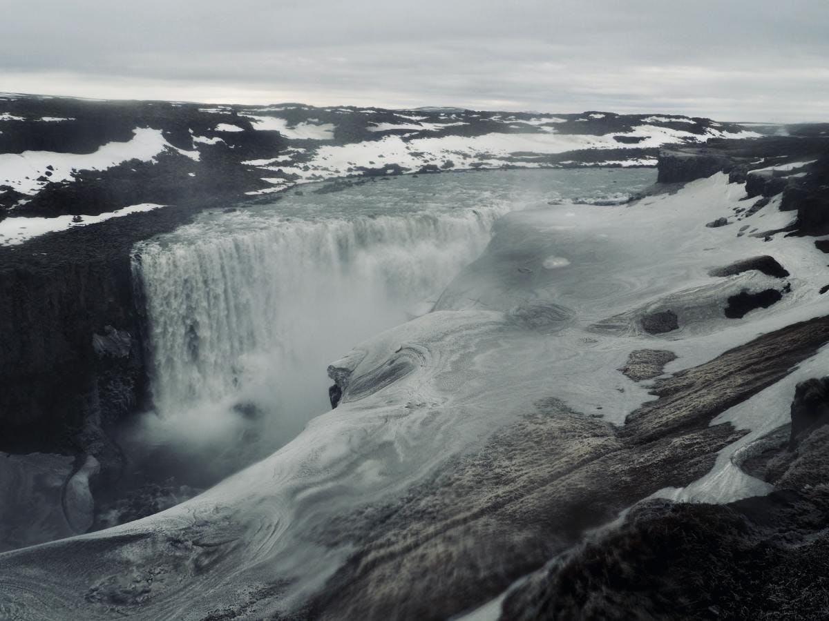 Majestic and wide waterfall of Selfoss in Iceland on a glommy day. 
