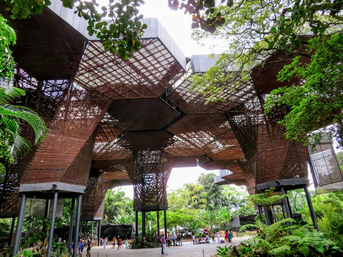 A botanical garden with large hexagonal bronze sculptures on stilts.