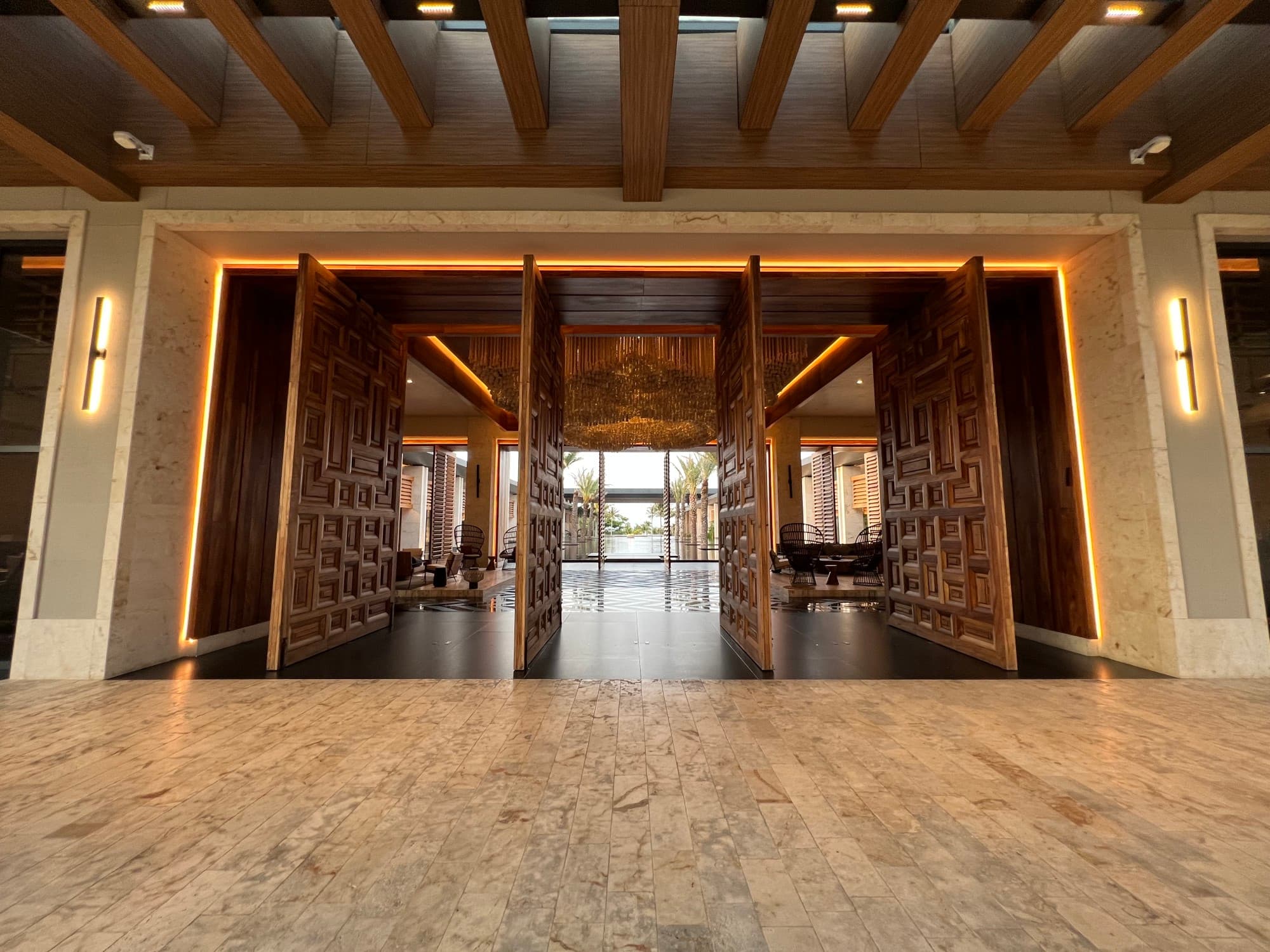 Gold and brown interior of a building.