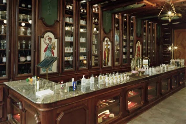 A perfume shop with decorative wood finishings.