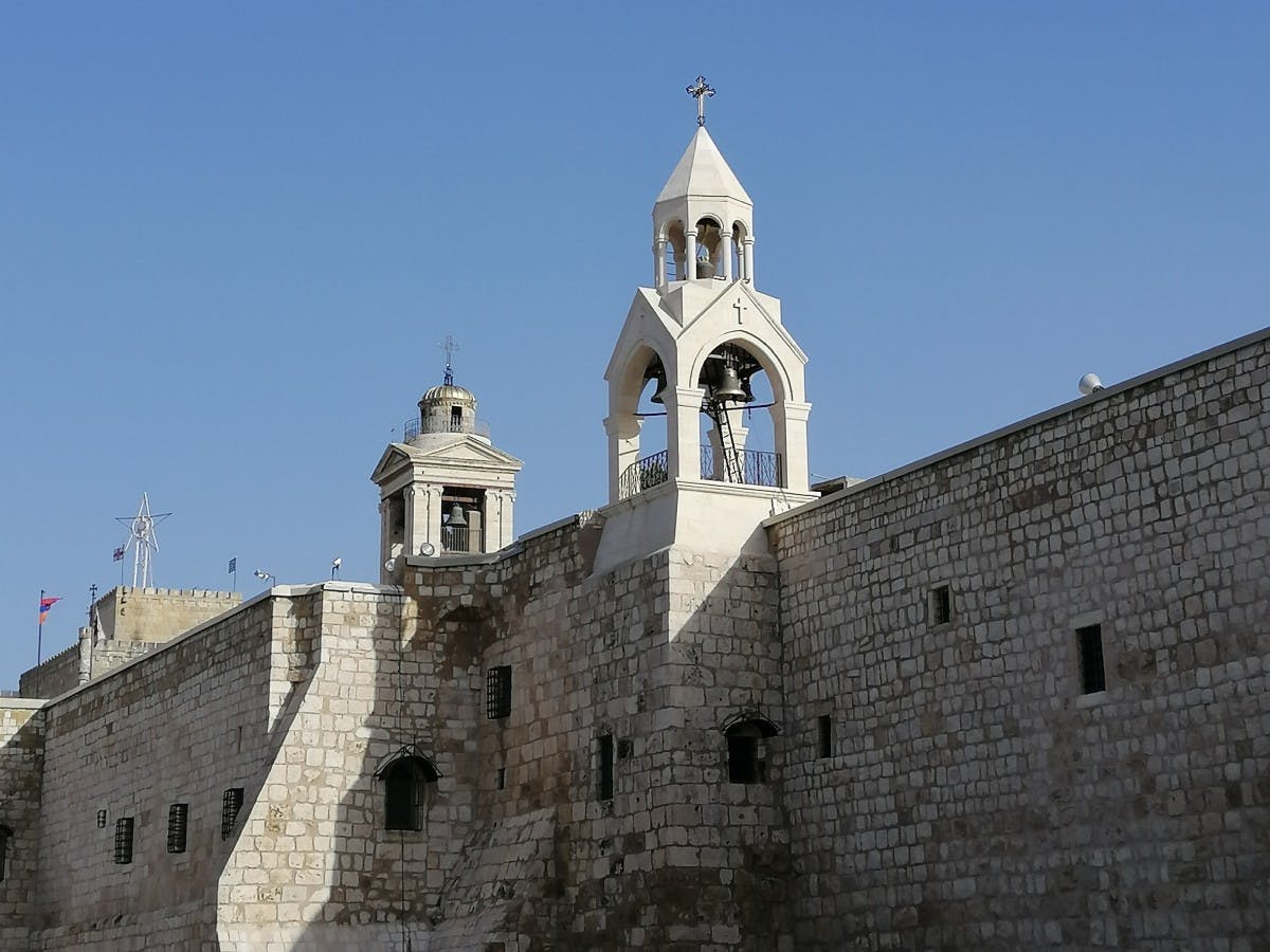 Church with white stones in Bethlehem on a clear day.