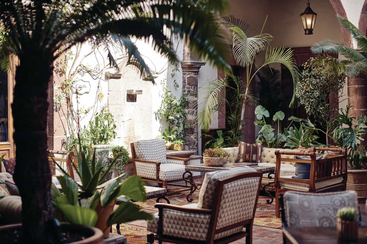 plush tables and chairs in an outdoor seating area filled with palm trees