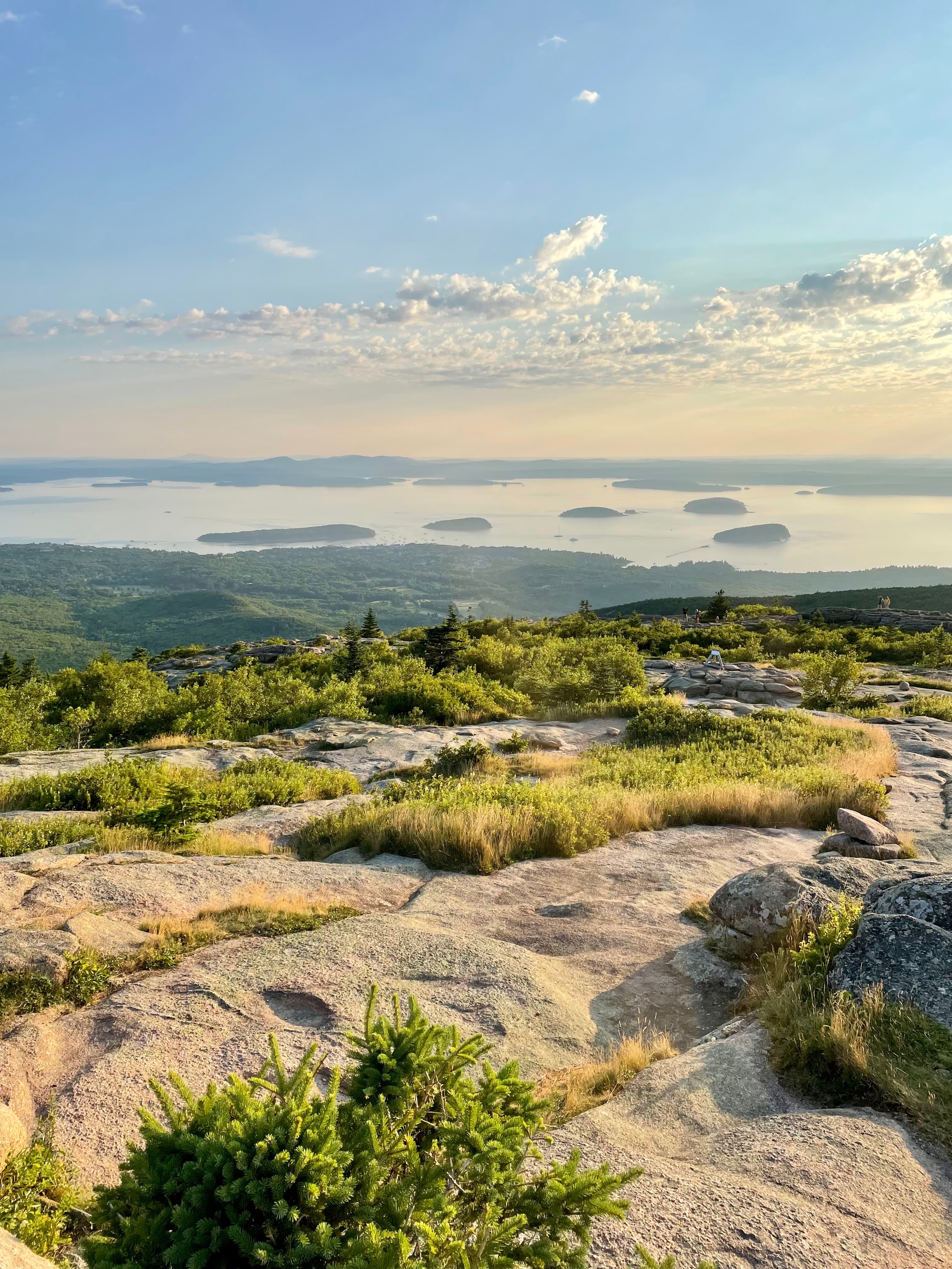 A cascade of rocks and green shrubs that lead to a view of water and islands.