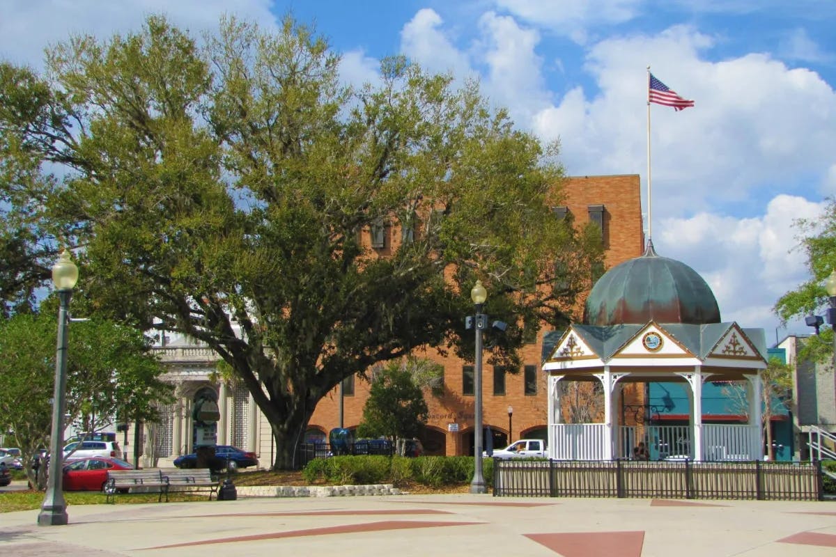 A gazebo in a downtown square area