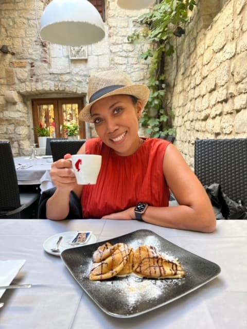 Travel advisor having breakfast