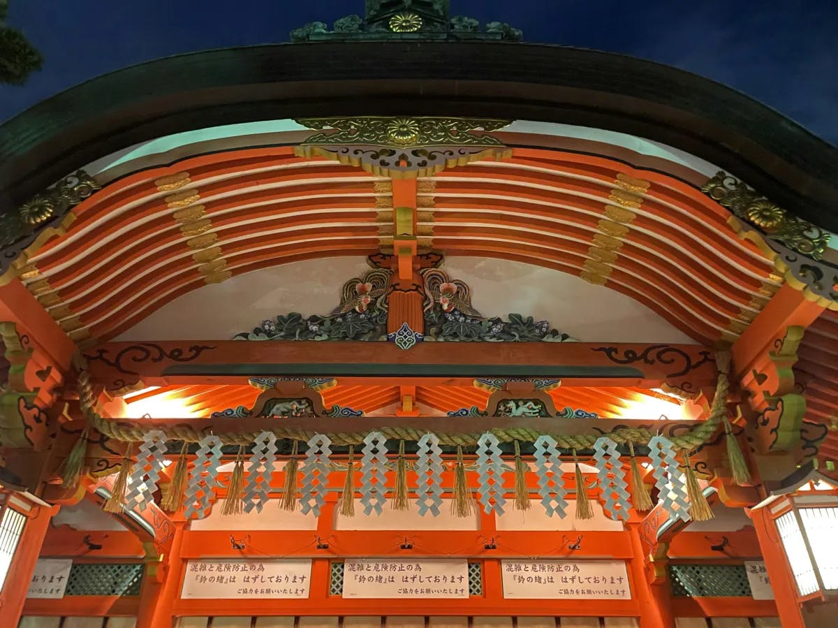 A low angled picture of a shrine during the nighttime.