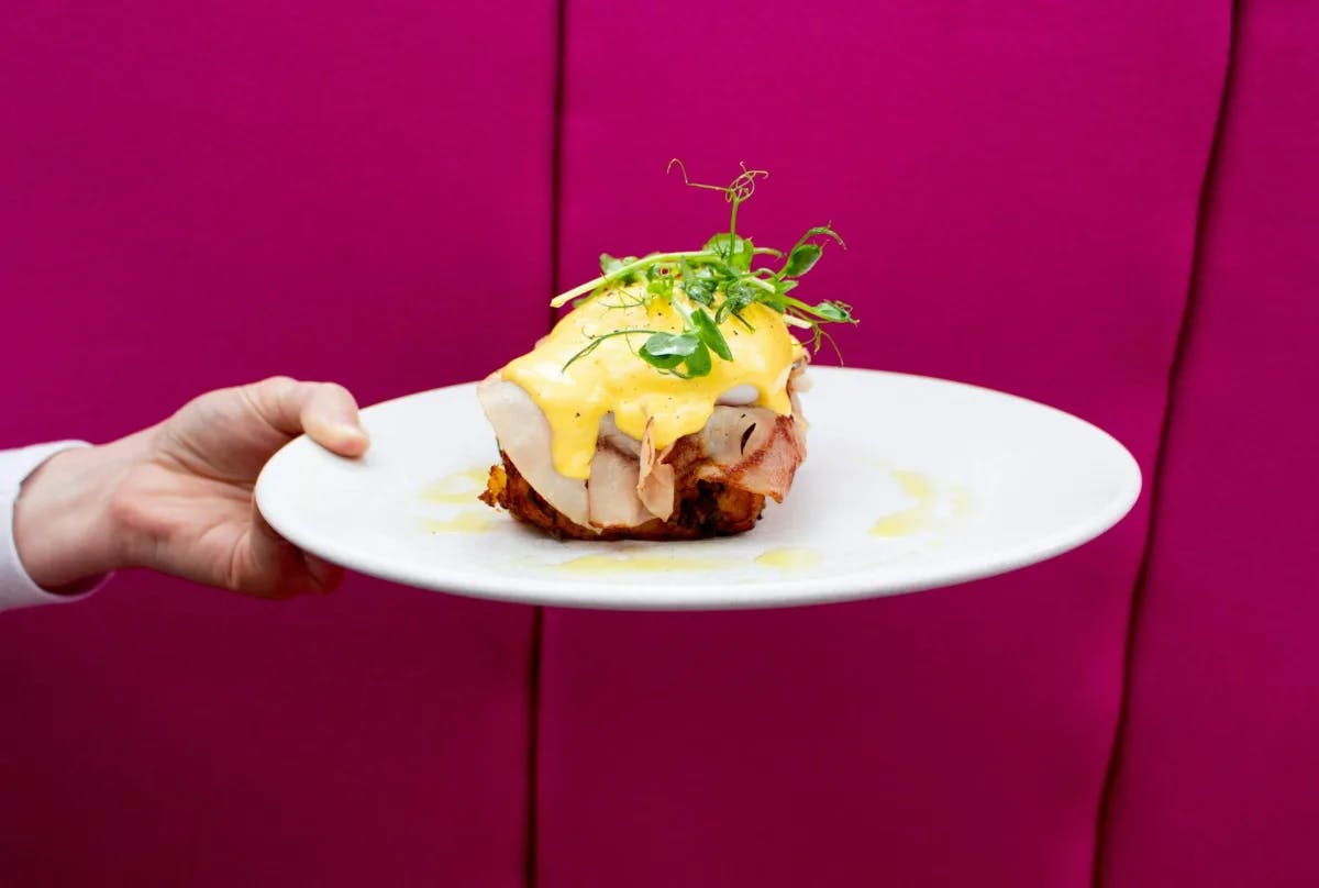 A person holding eggs benedict on a white plate with a pink background