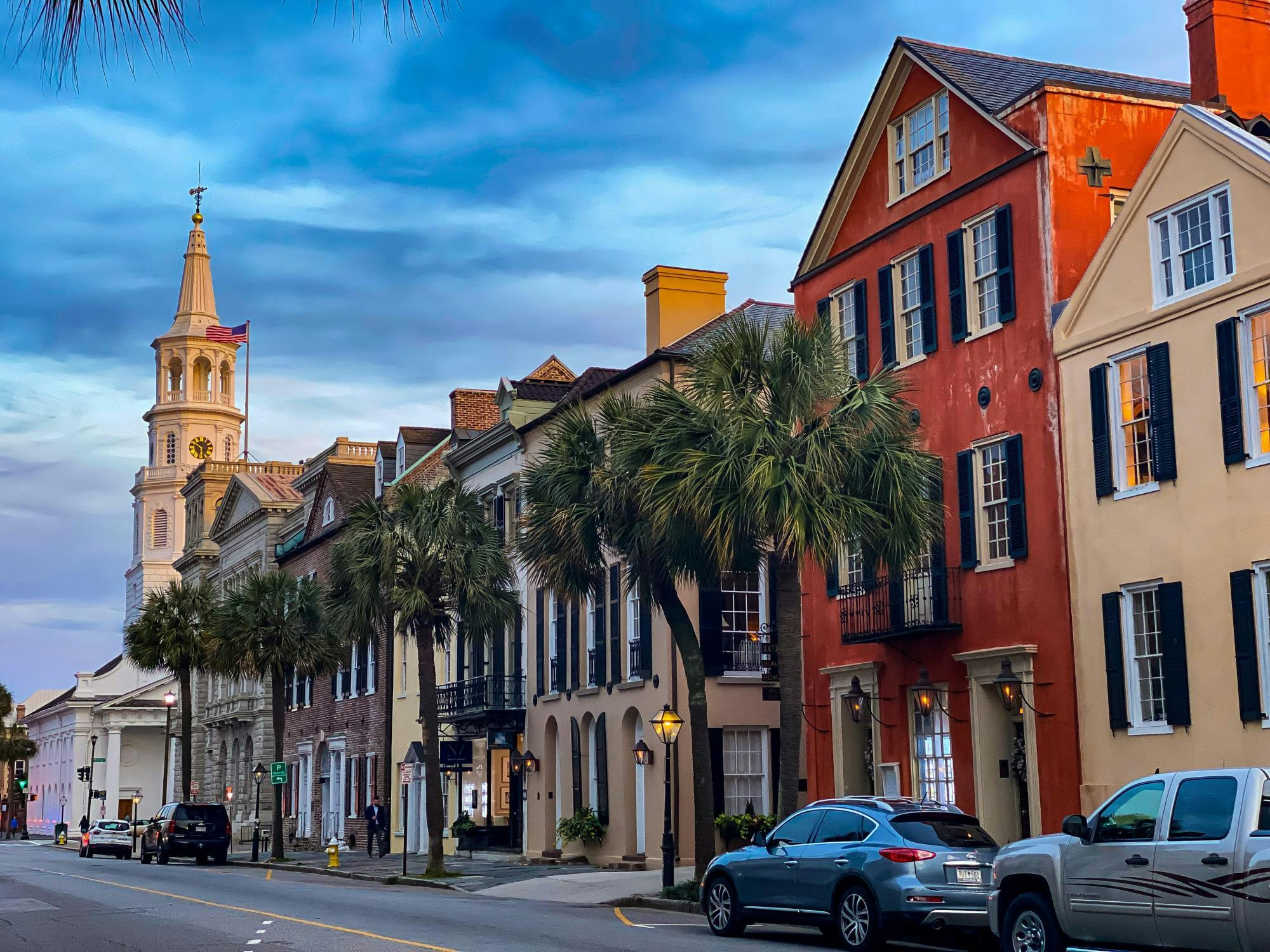 Colorful Charleston street with charming townhouses