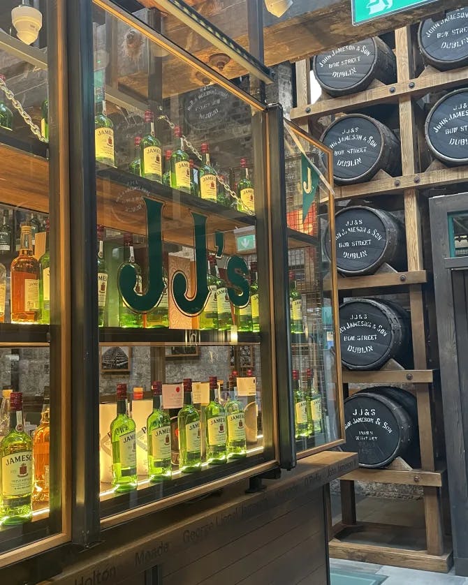 Picture of a JJ shop with bottles lit up in the background