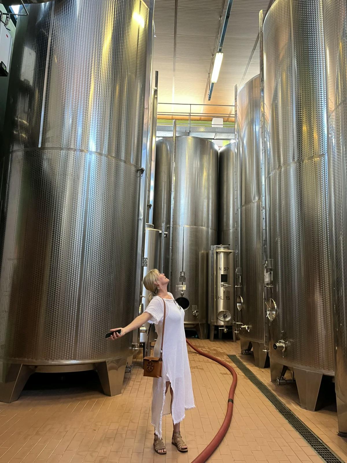A person standing in a room with large metal vats 