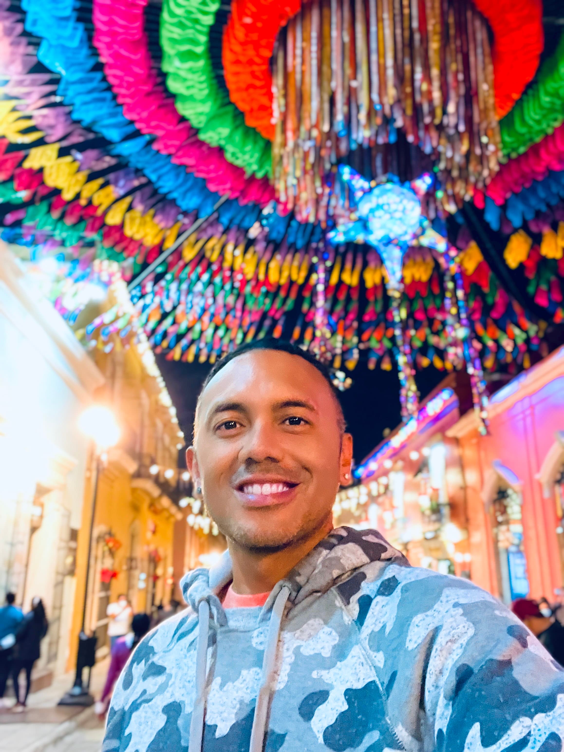 mathew in a decorated street