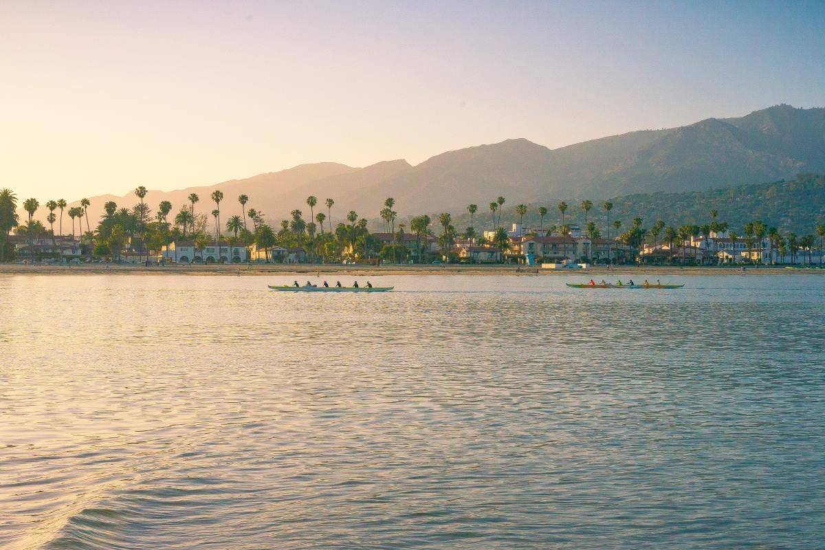 Flat and straight coastline lined with palm trees and boutique shops by ocean in Santa Barbara.