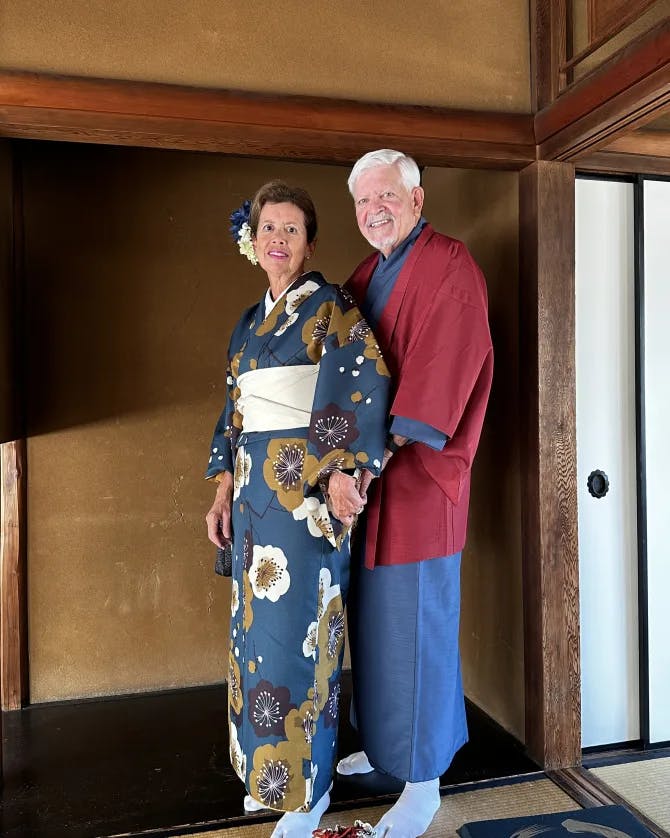 Posing for a photo in Japanese clothes