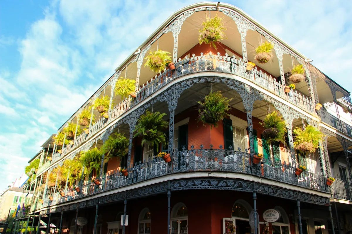 New Orleans, a top travel destination in the United States. Classic Old-World architecture on full display on Bourbon Street