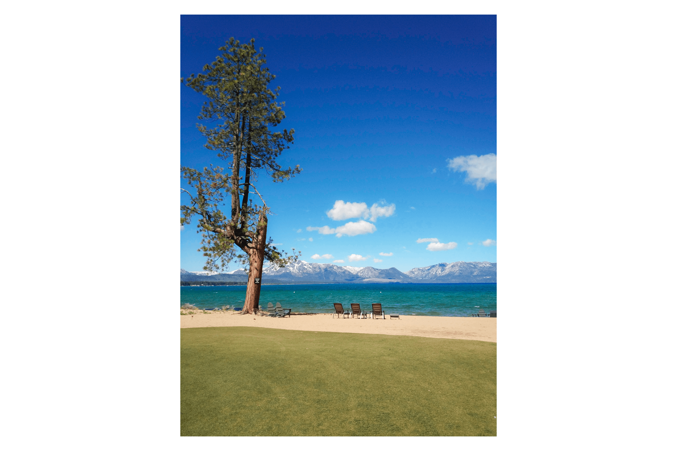 Picture Lake Tahoe with a beautiful beach and the mountains in the distance.