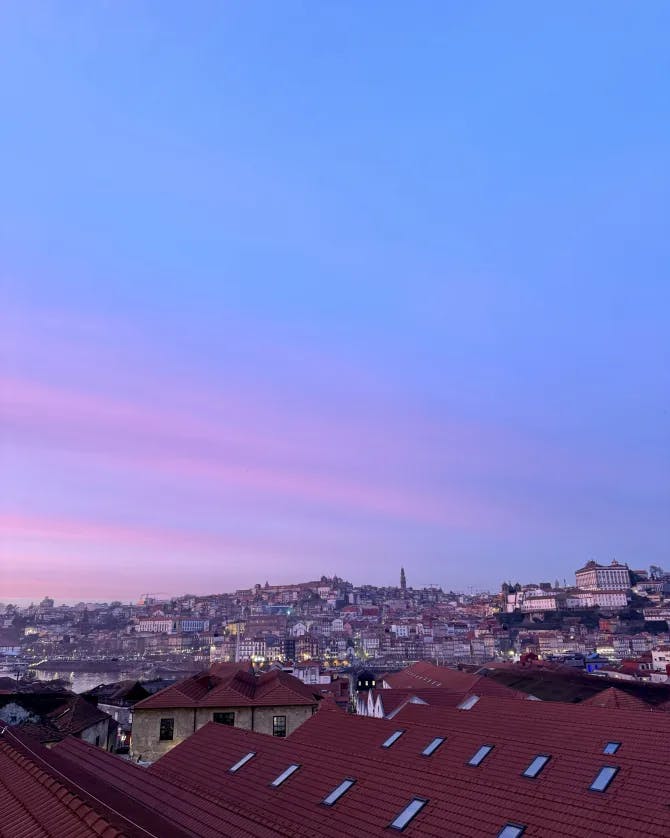 A rooftop view of a city and purple and blue sunset
