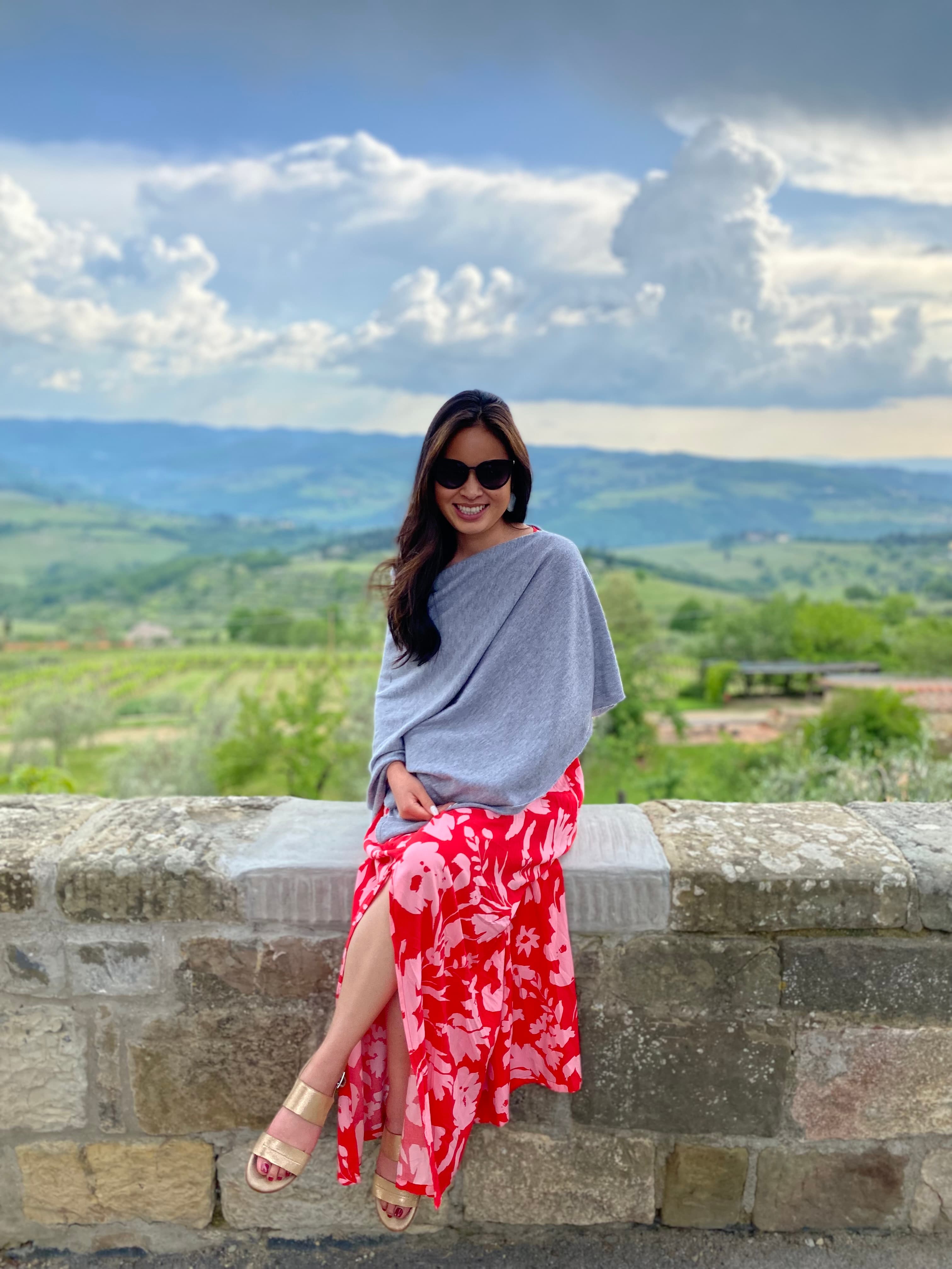 Krystine in a red floral dress