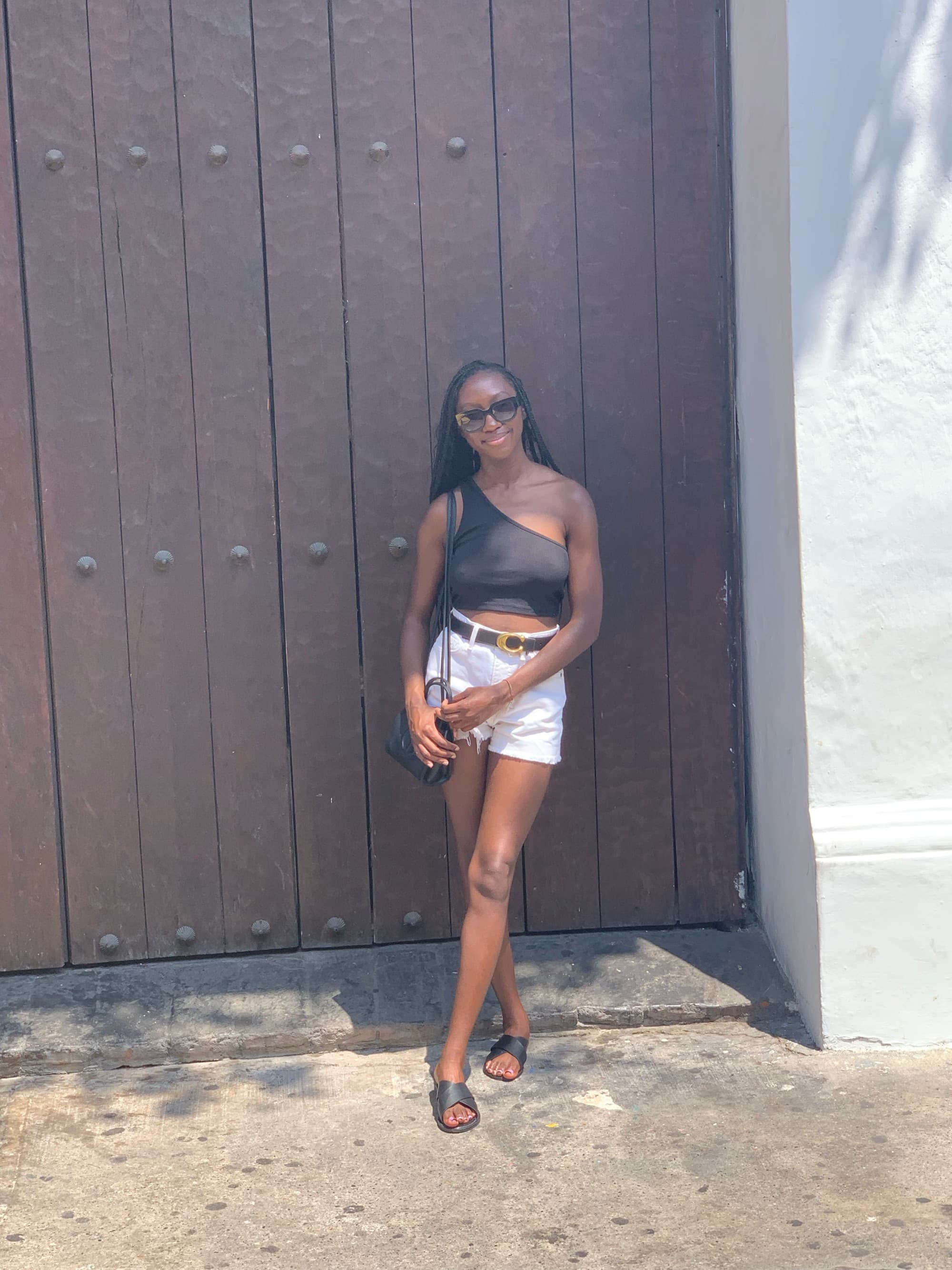 Travel advisor in front of brown gate.