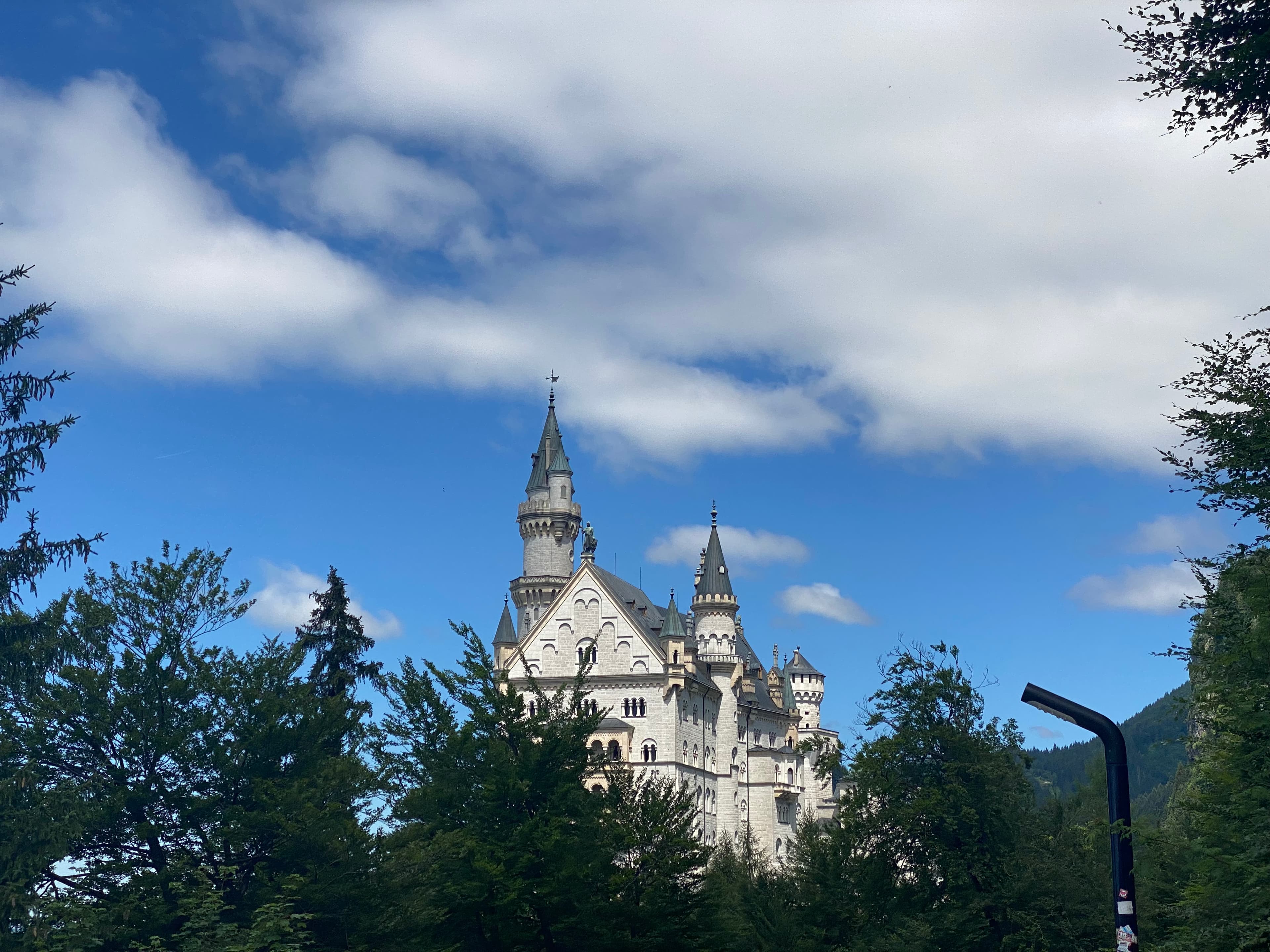 View of Neuschwanstein Castle with beautiful foliage and clear skies.