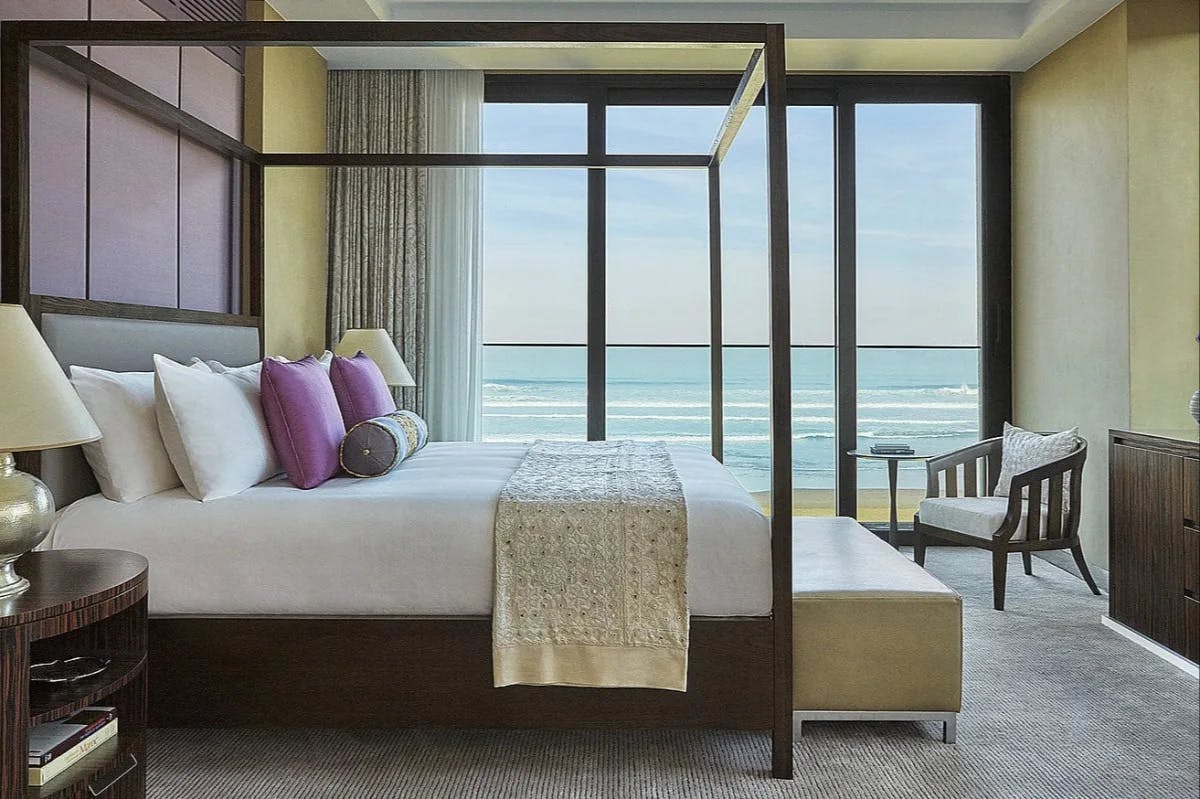 A mix of contemporary and Moroccan designs and furniture fill a spacious ocean-view room at Four Seasons Hotel Casablanca