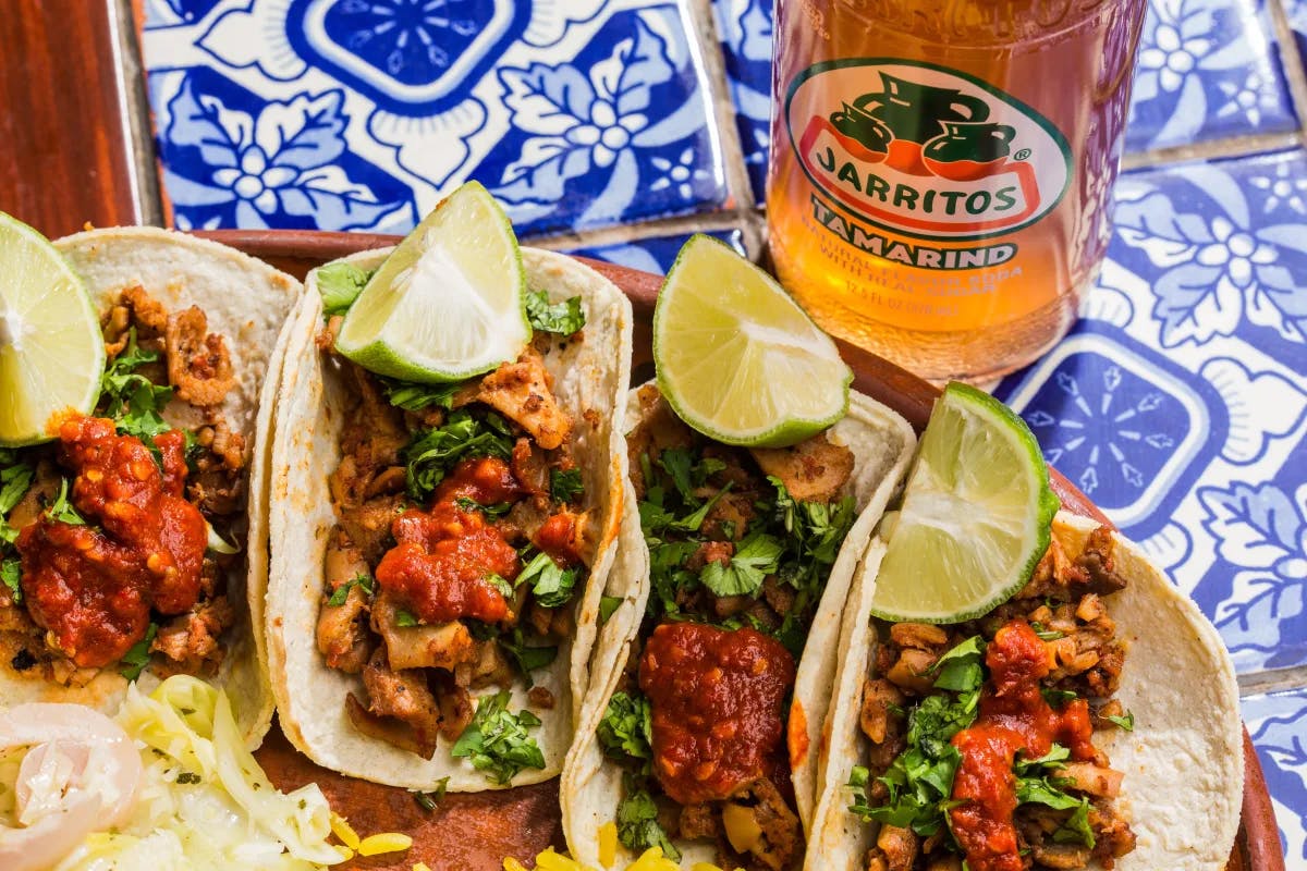 Tacos and jarritos soda. Mexican food. 