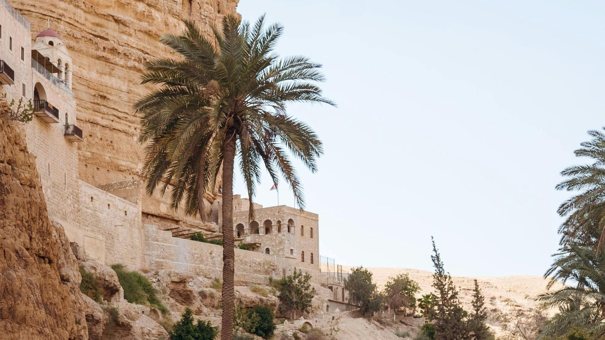 Israel ruins among palm trees and sand