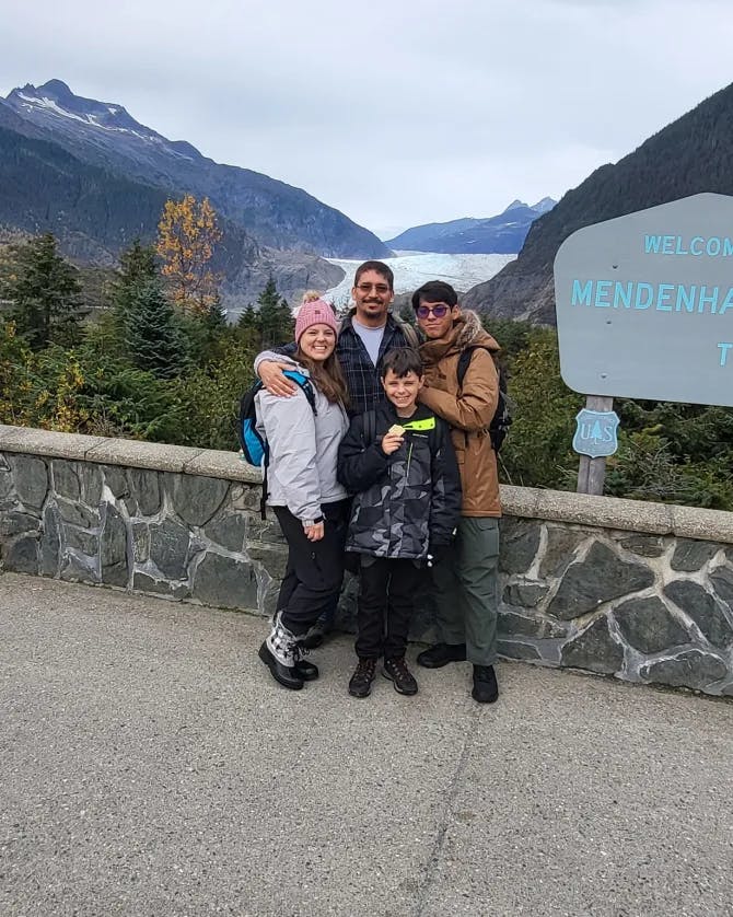 Picture fo Melinda with family at Mendenhall Glacier