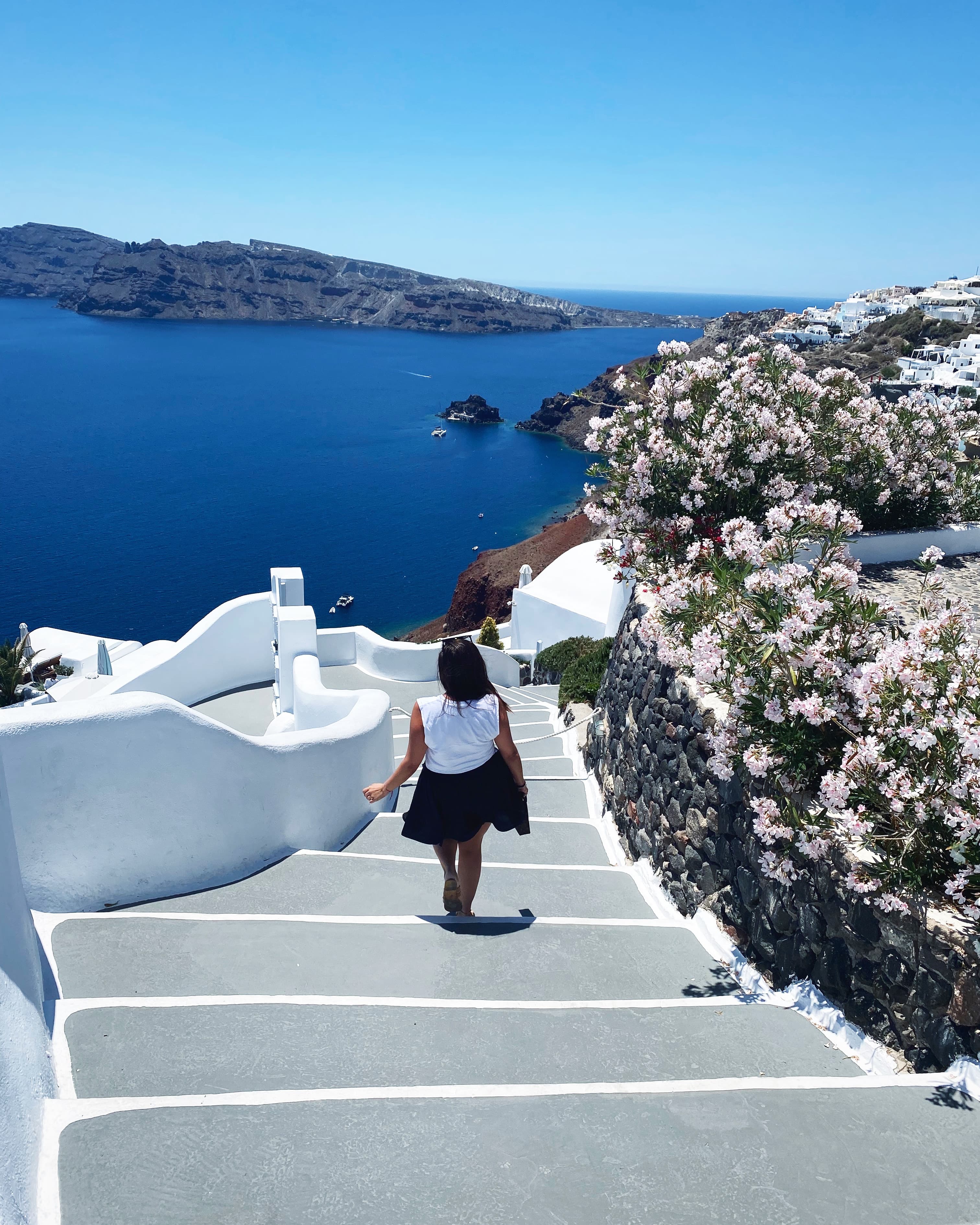 Kimberly in Greece with sea in the background