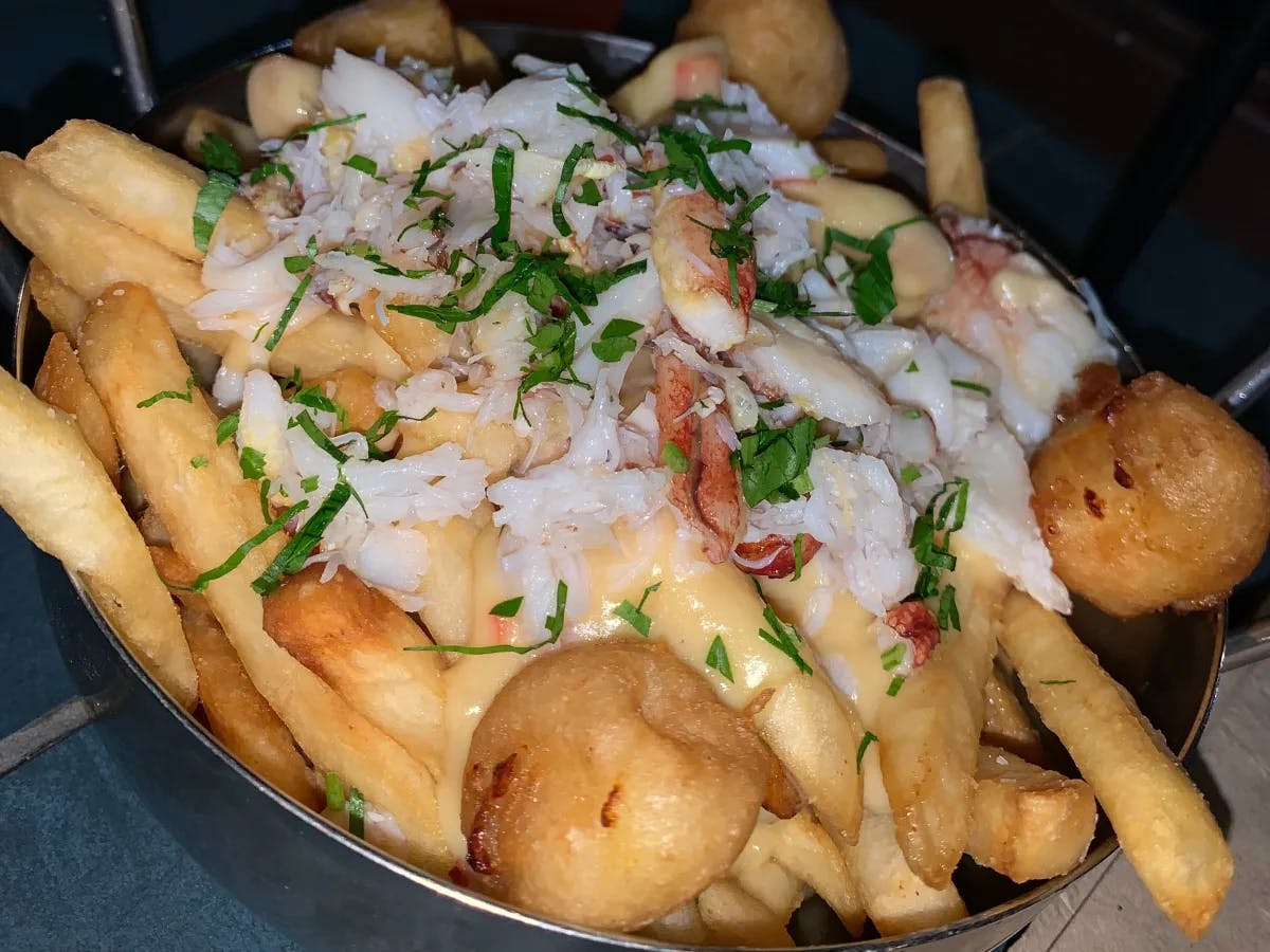 Plate of french fries covered in toppings