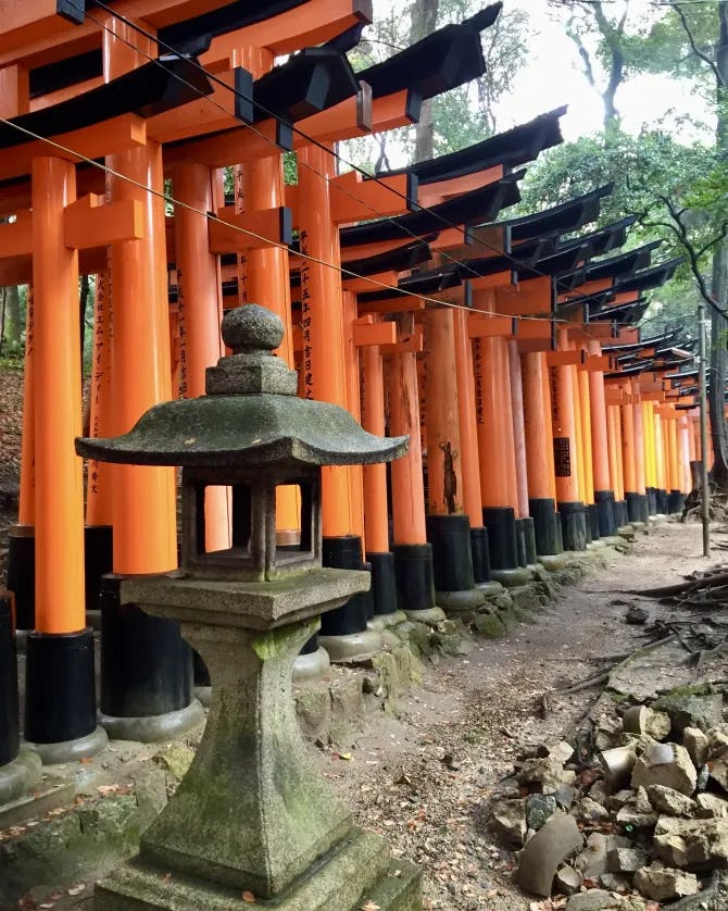 A view of Fushimi Inari Taisha Sembon Torii with rocks and trees surrounding it.