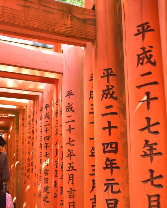 A picture of Fushimi Inari Taisha with Japanese inscriptions on the red pillars