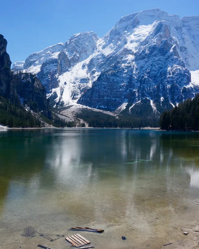 View of lake and Dolomites mountain range