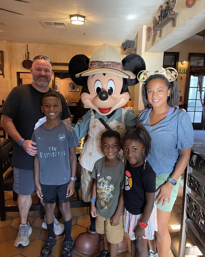 Posing for a picture with Mickey Mouse