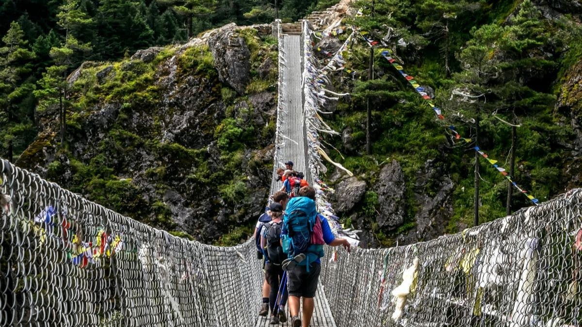 People walking on rope bridge during the day