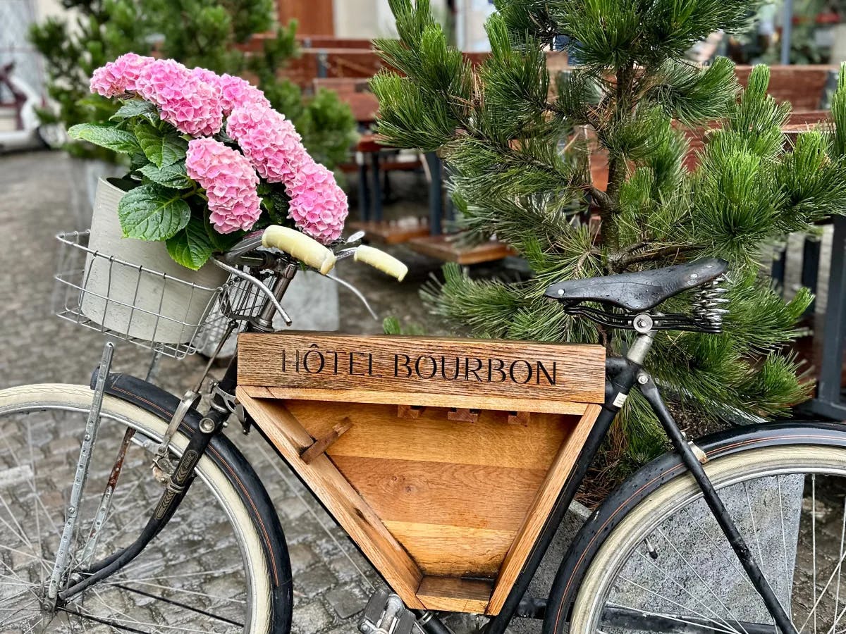 Flower basket on a cycle in a street