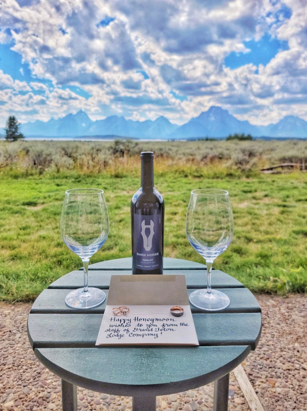 A picture of a bottle of wine next to two empty wine glasses positioned on top of a table with grass and mountains in the background.