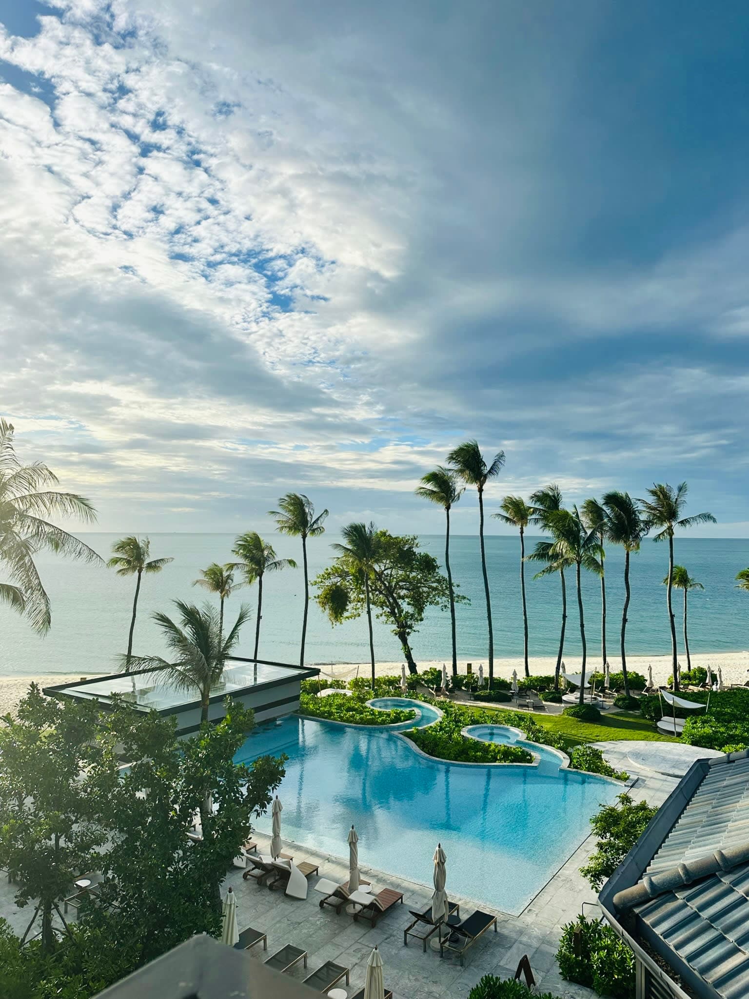 Aerial view of a resort with a pool by the beach with tall palm trees