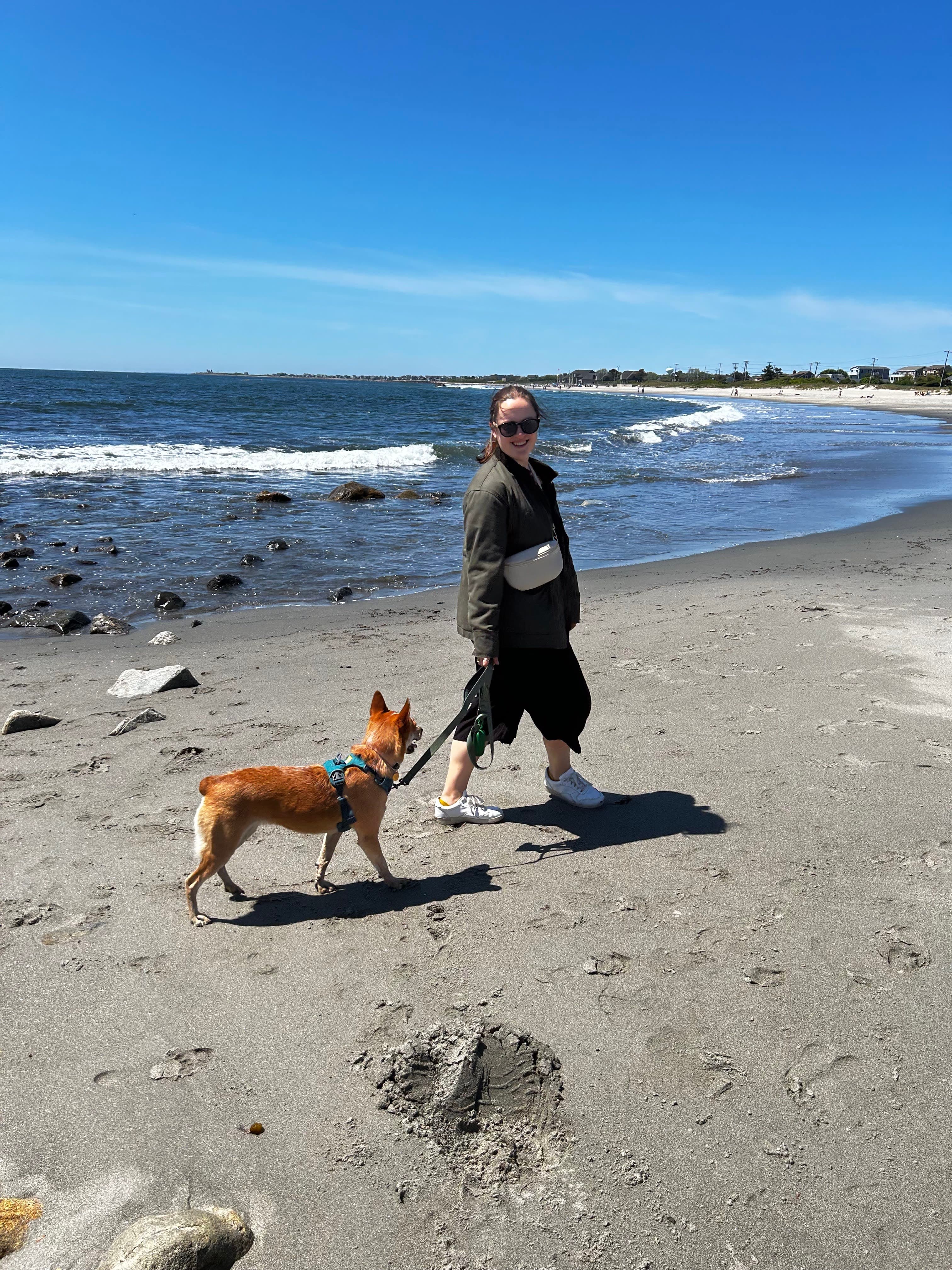 Savannah in a green coat walking a dog along a rocky beach on a clear day.