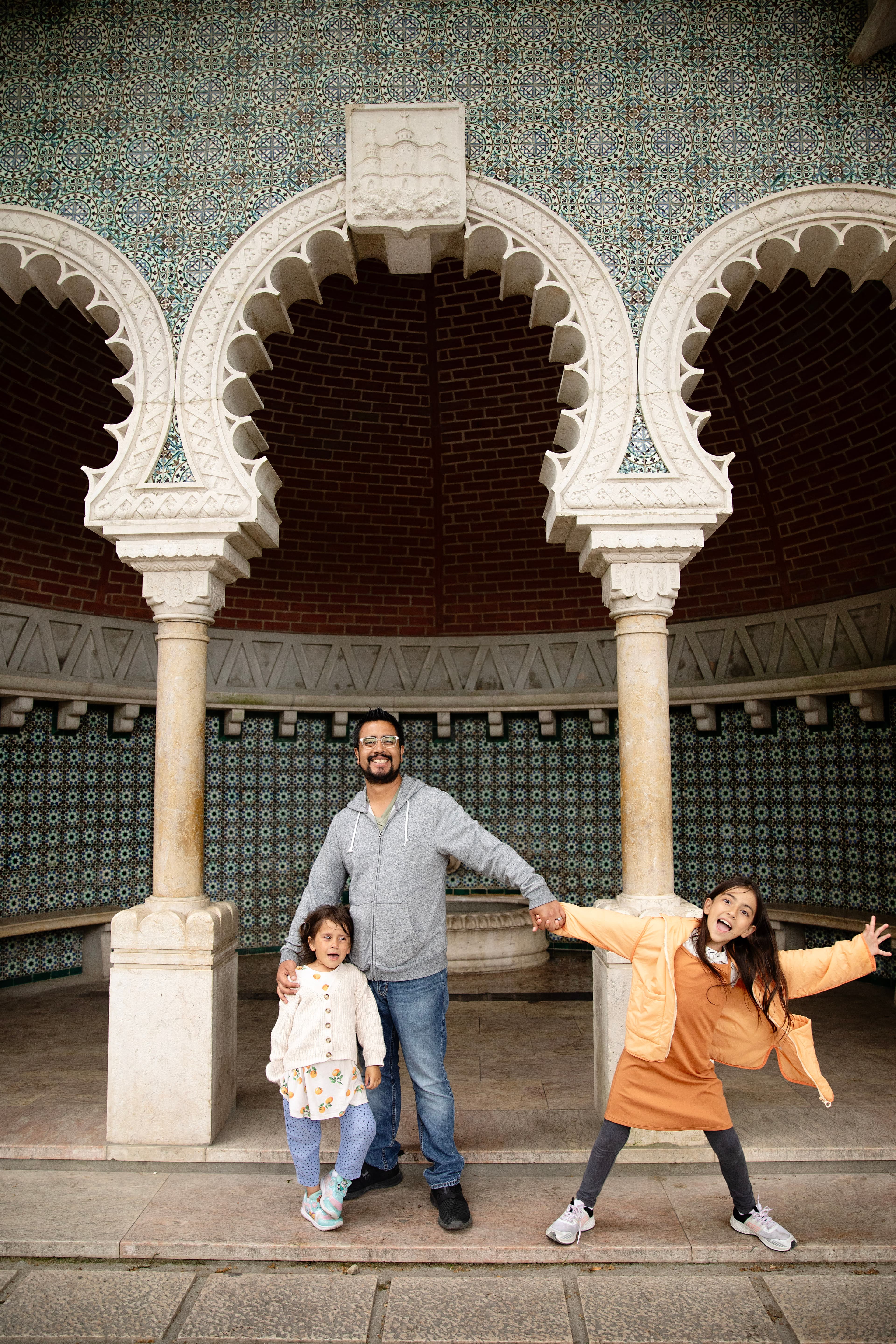 Posing for a photo with kids in Sintra, Portugal