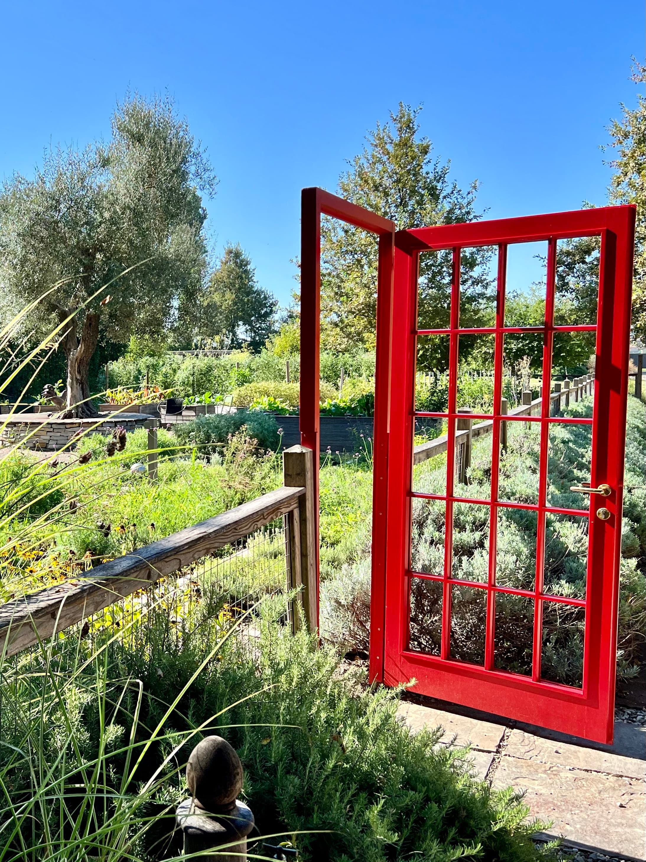 View of a red French door by the fence