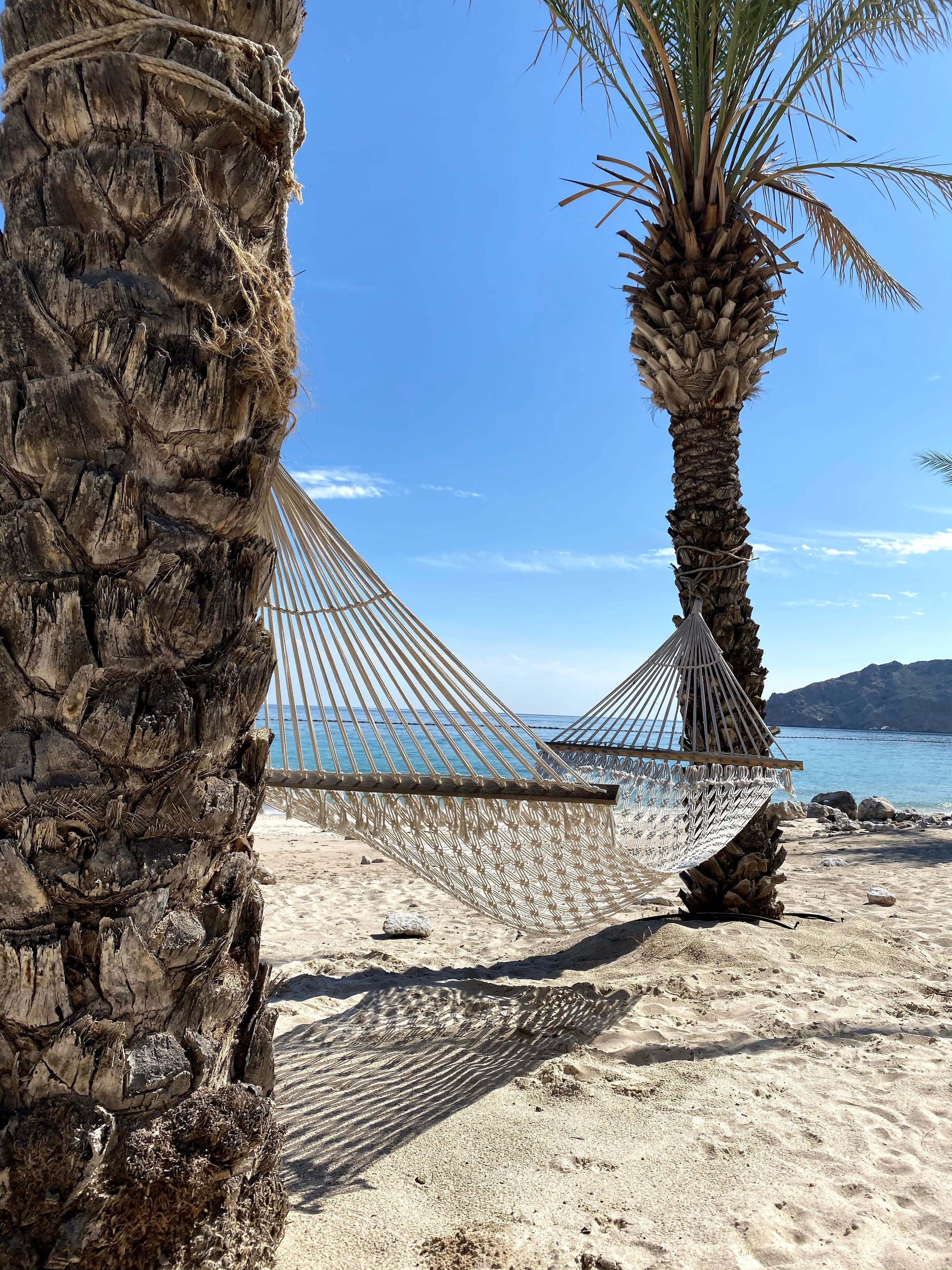 A wide hammock hanging between two trees on the beach