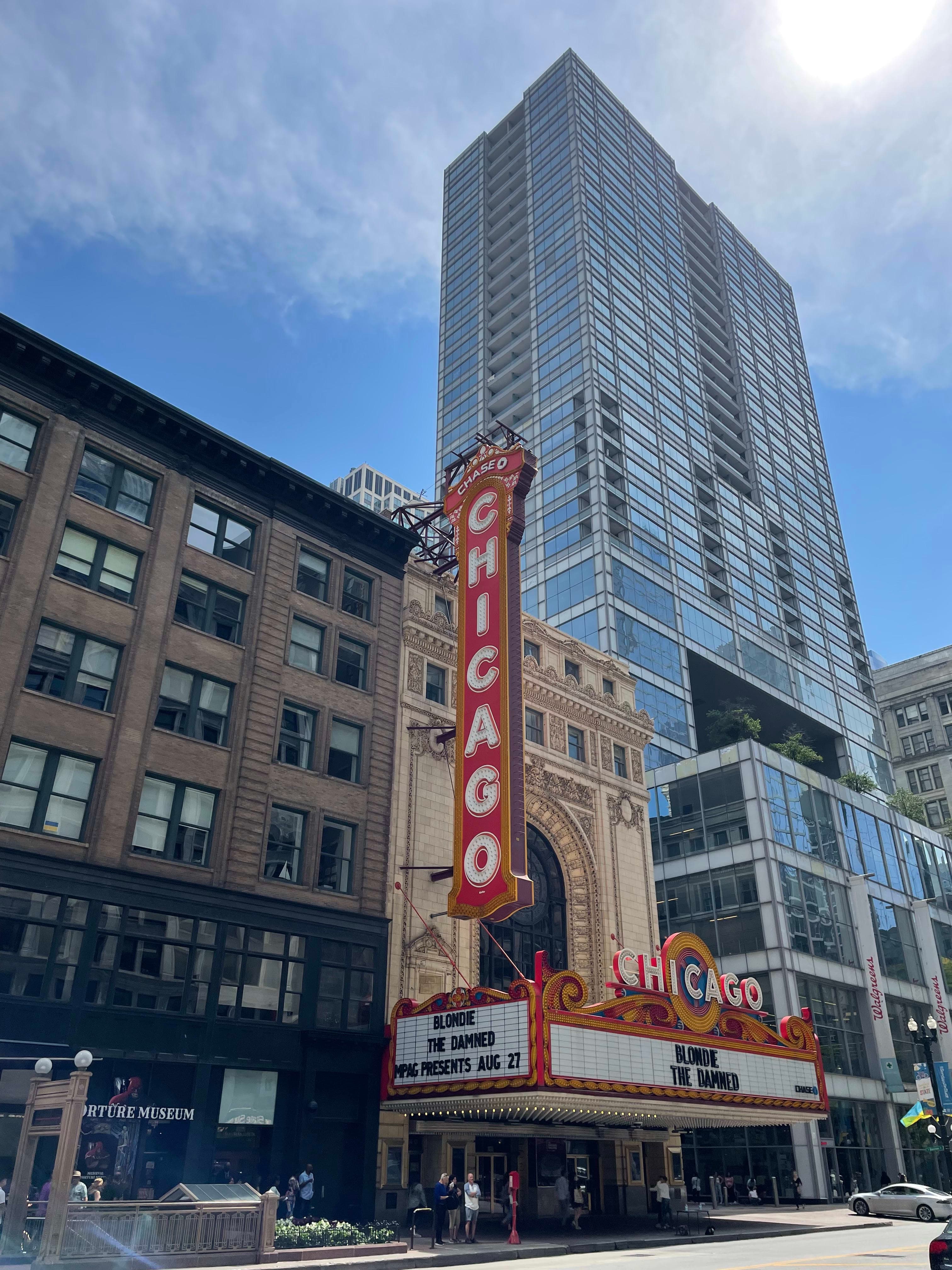 View of The Chicago Theatre on a sunny day