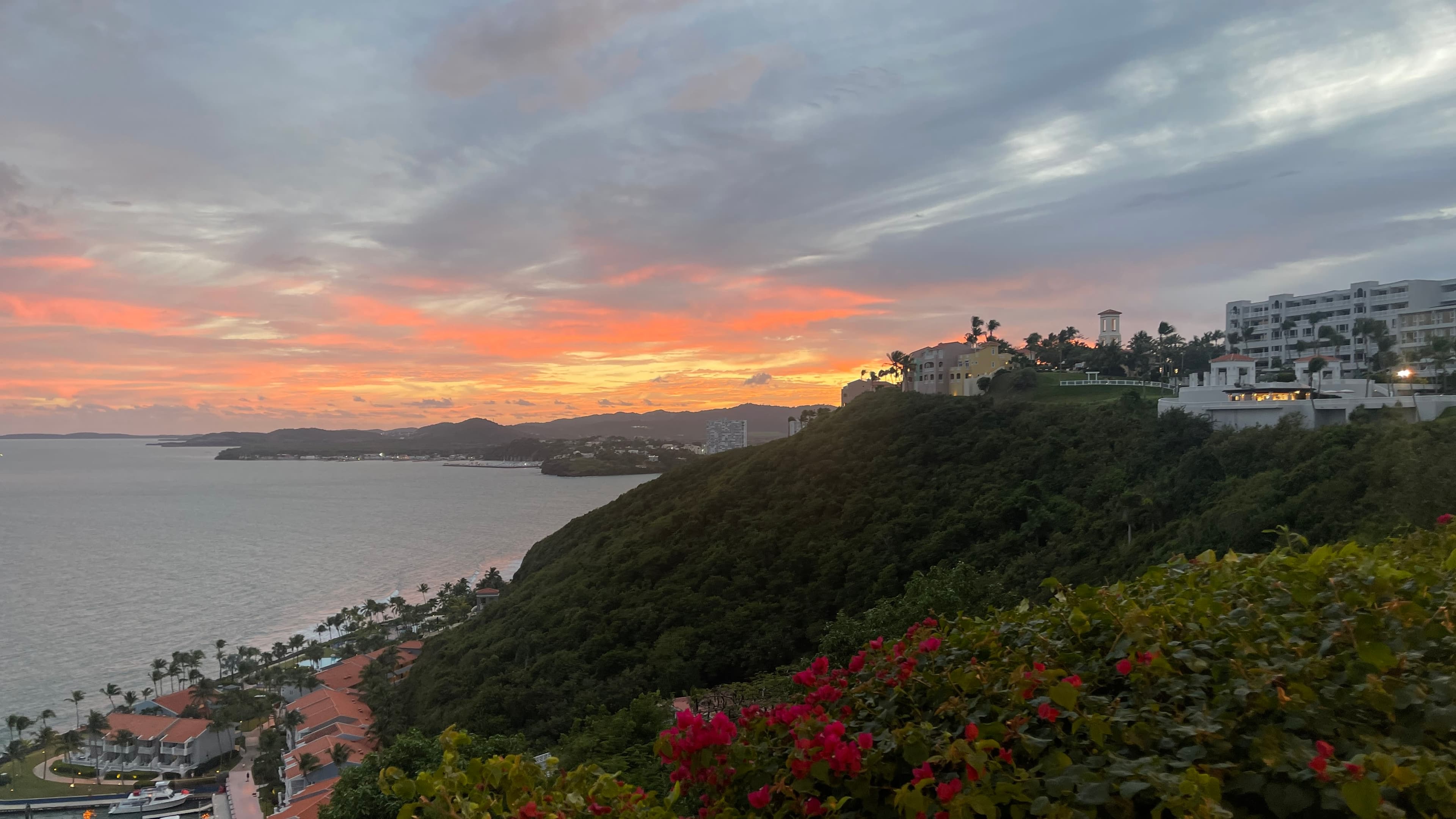 Beautiful view of sunset over sea from the top of a hill with lush greenery and buildings below