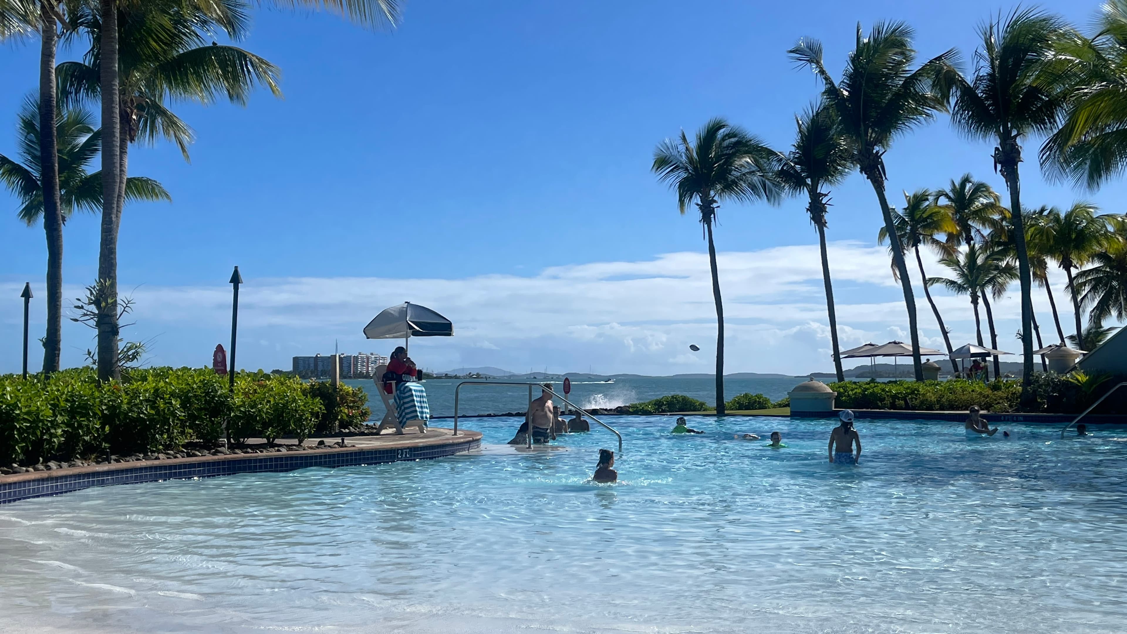 Children playing in the pool at a resort with surrounding palmm trees and the ocean in view