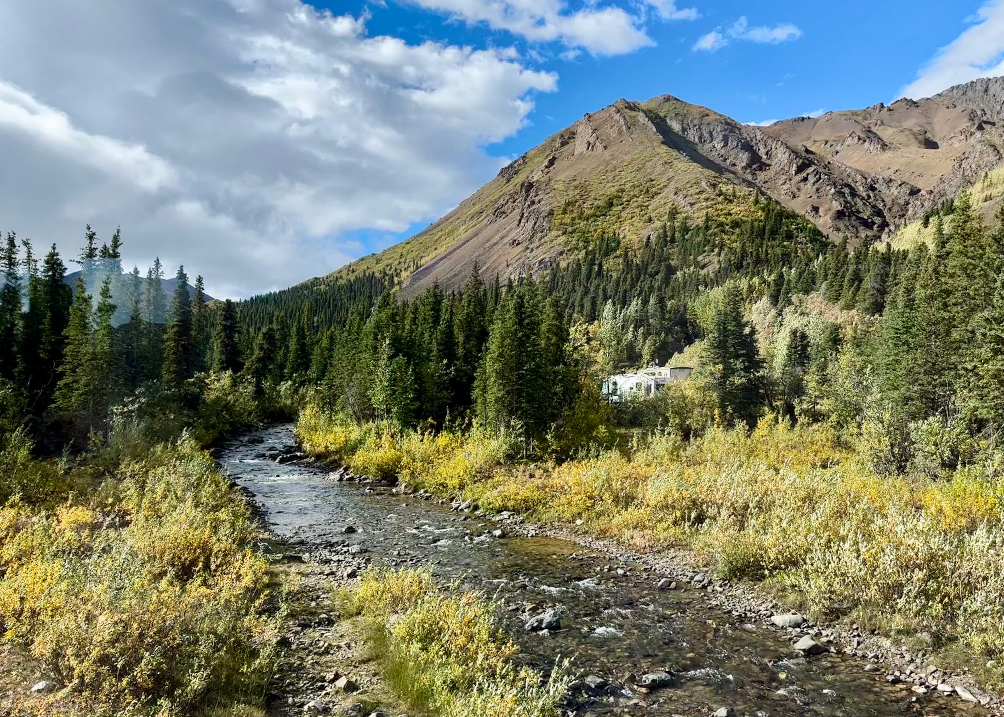 A stream flowing through a valley with trees and mountains surrounding it.