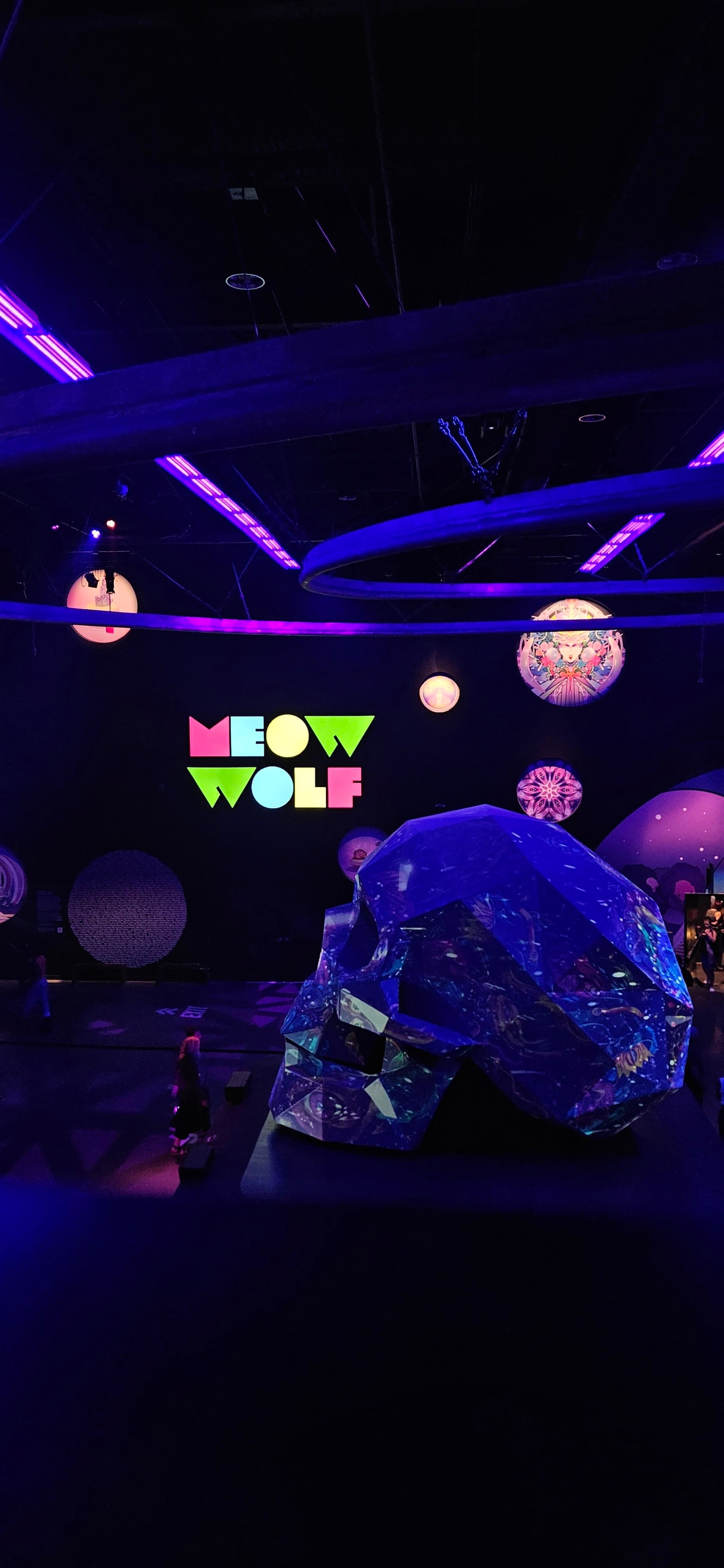 The dark and neon interior at Meow Wolf