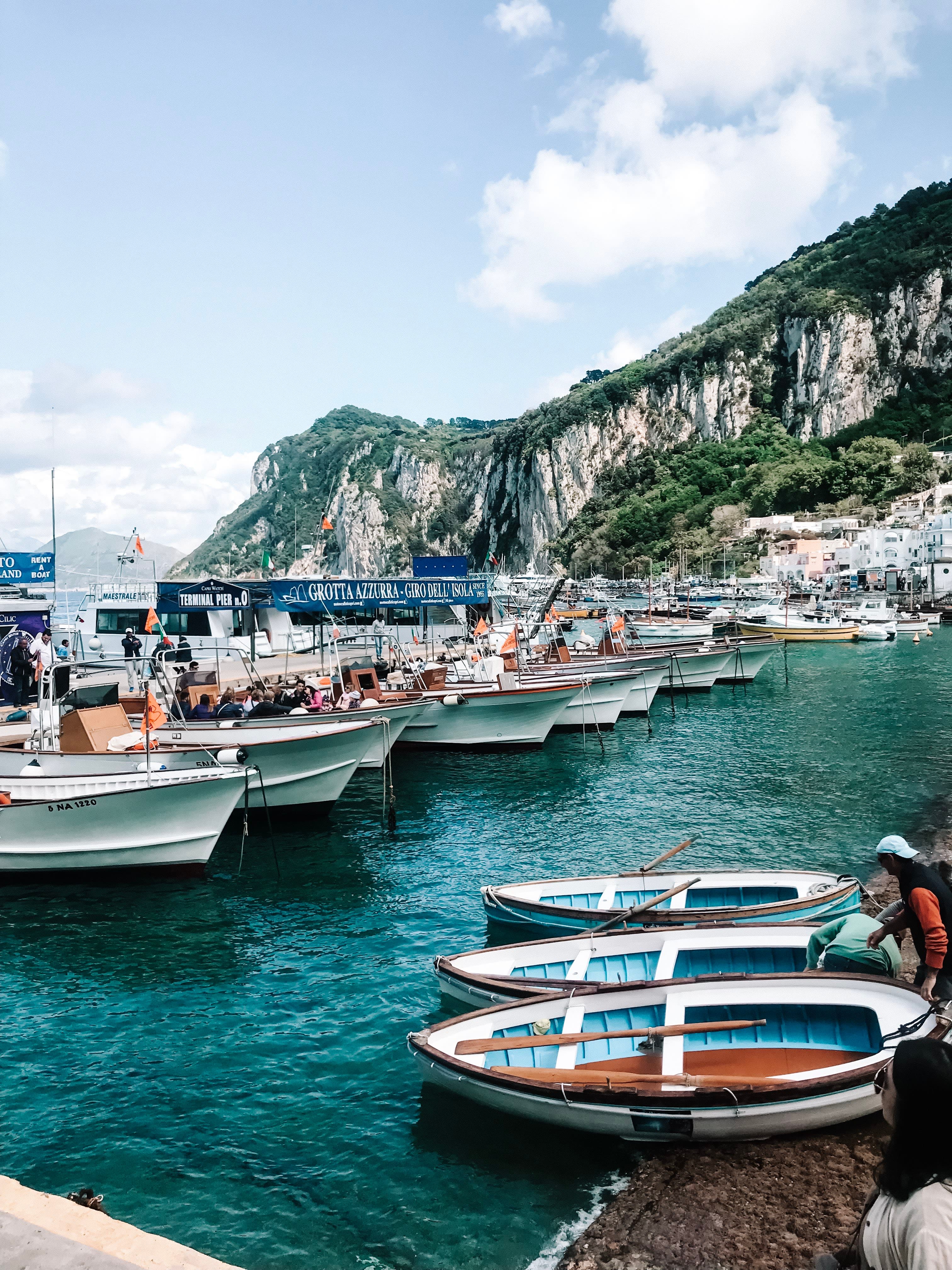 Ships in port in front of a mountain