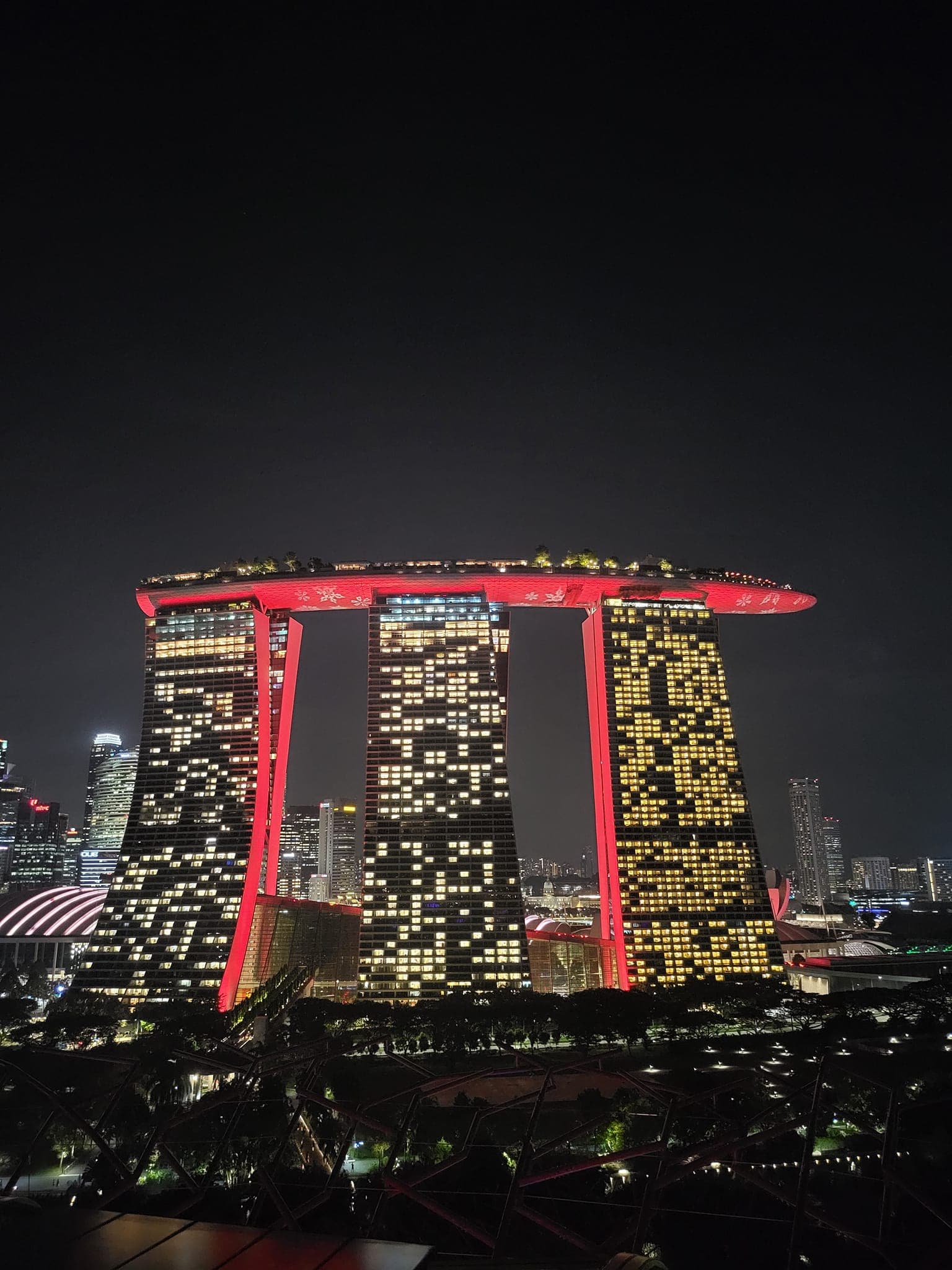 View of the Marina Bay Sands Singapore illuminated at night