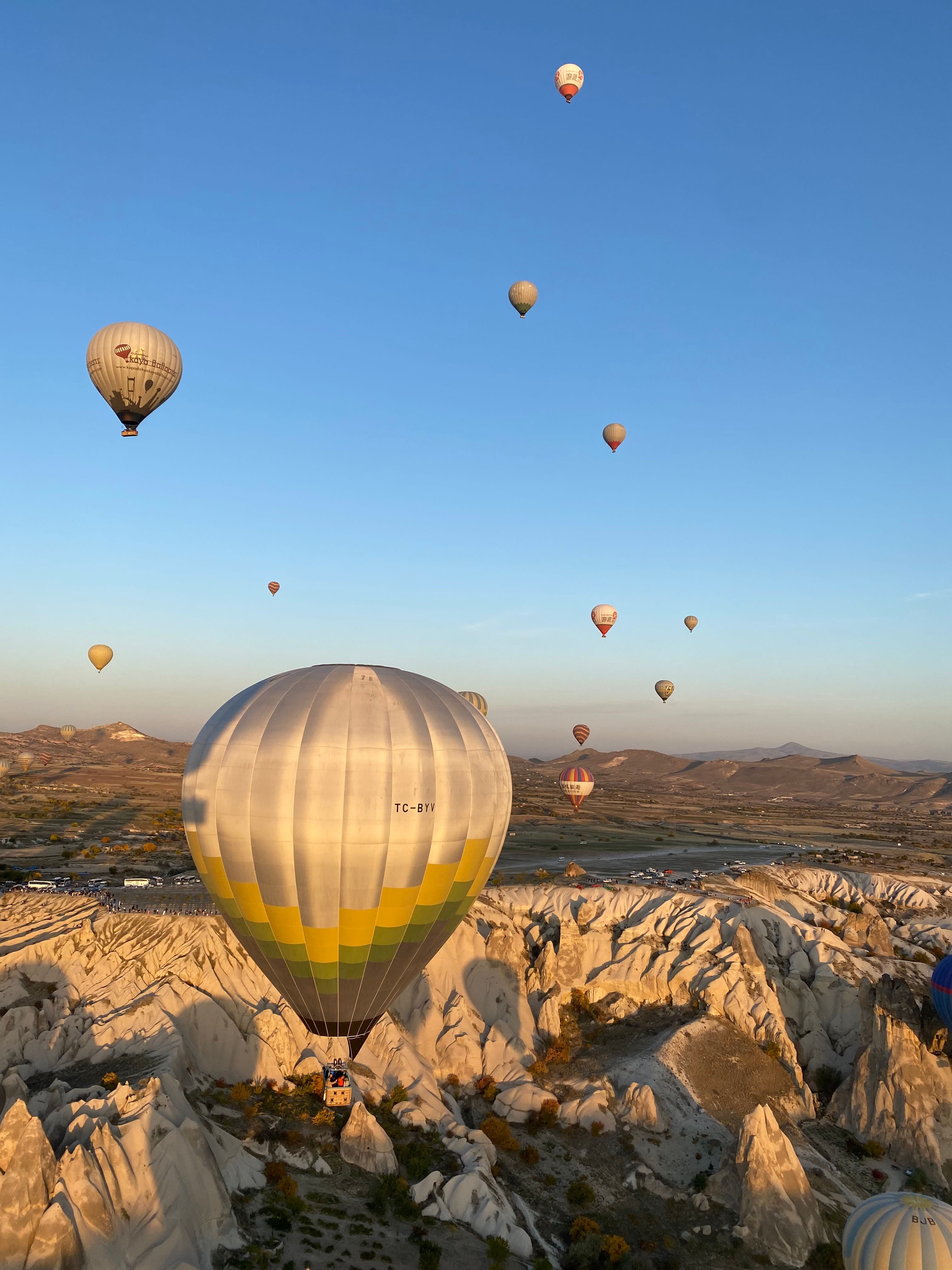 Beautiful view of hot air balloons against a clear sky in Cappadocia, Turkey