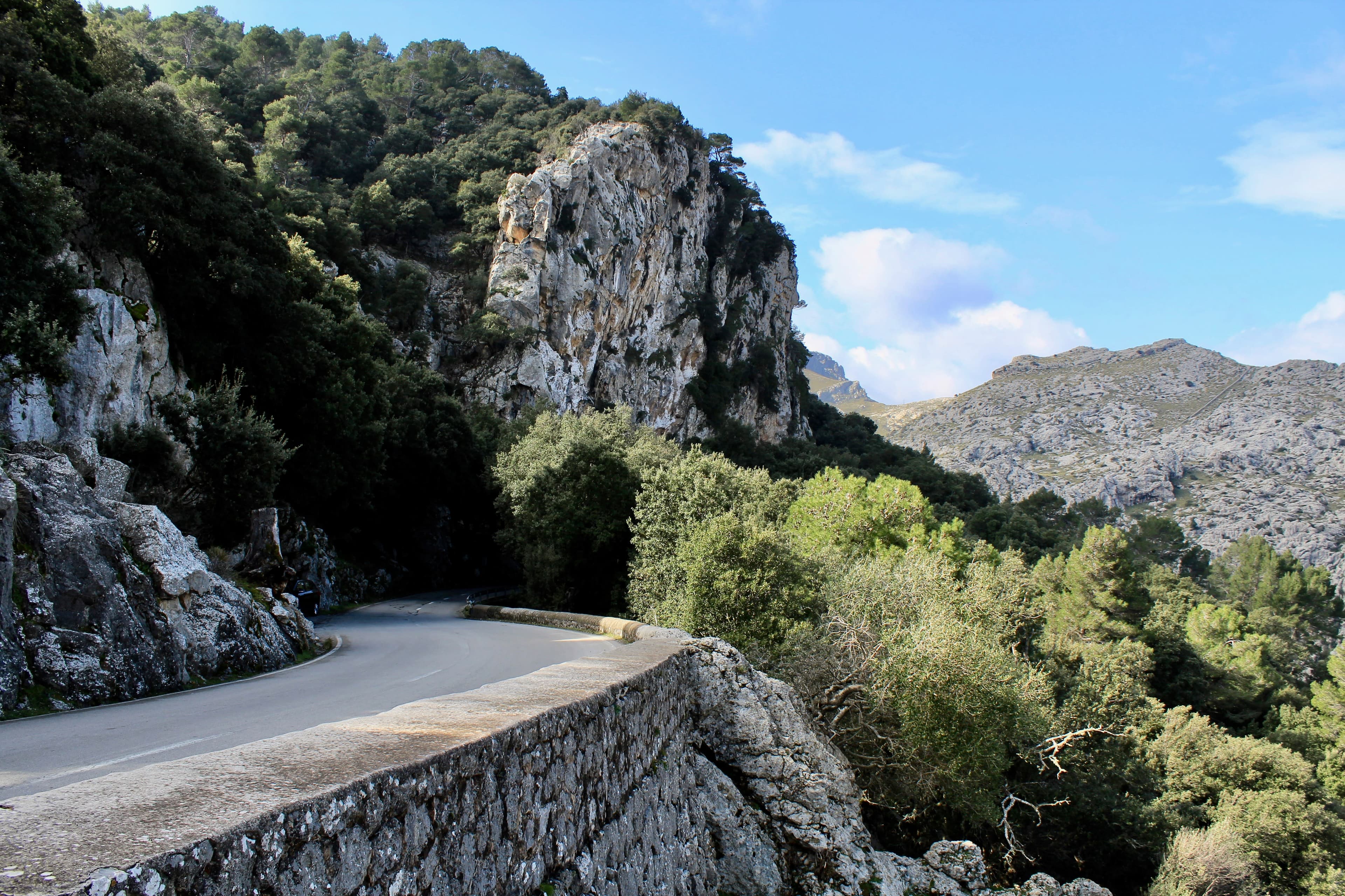 Curved road on a steep mountainside cutting through rocks and green vegetation